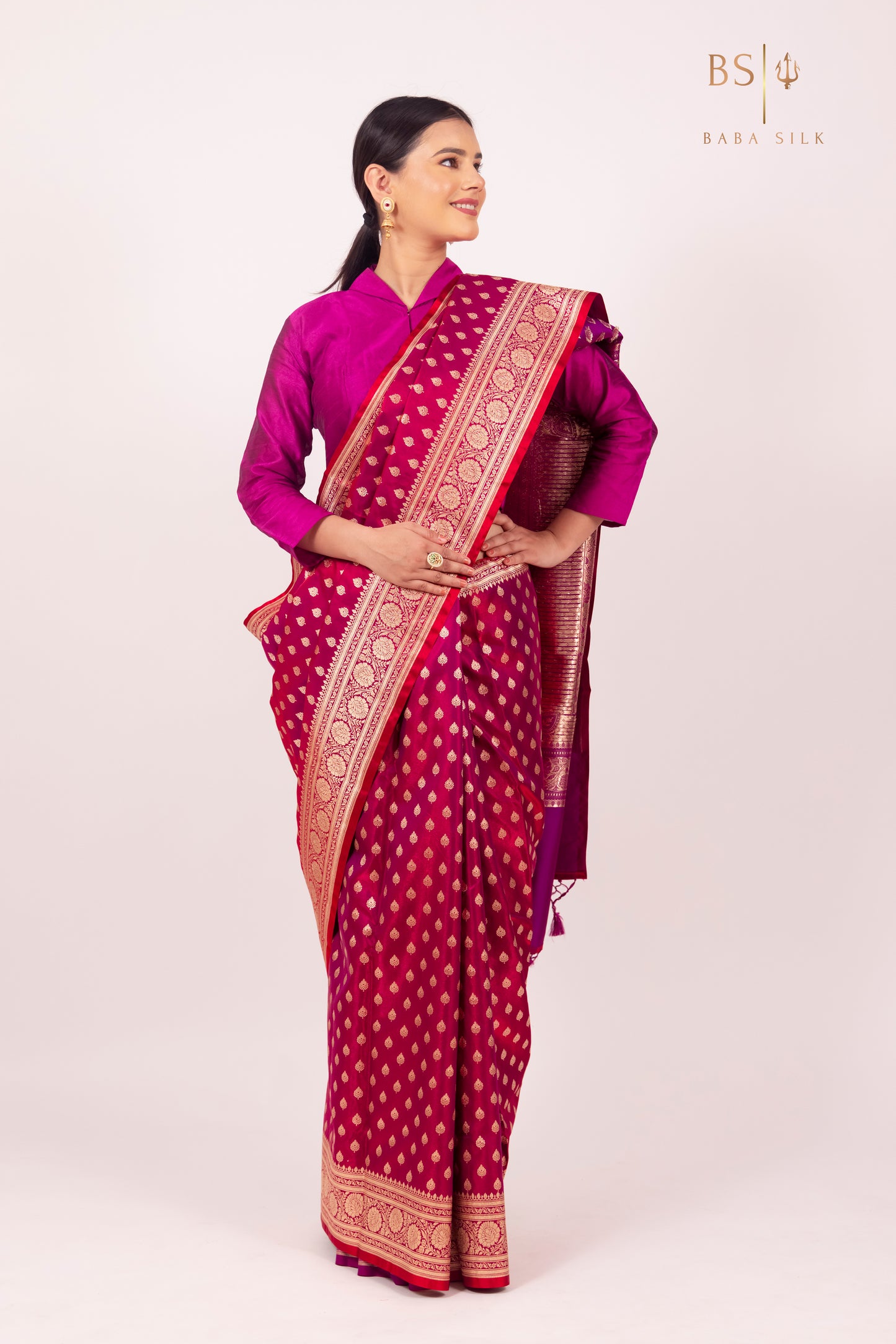 Bright Pink Booti Banarasi Silk Saree
