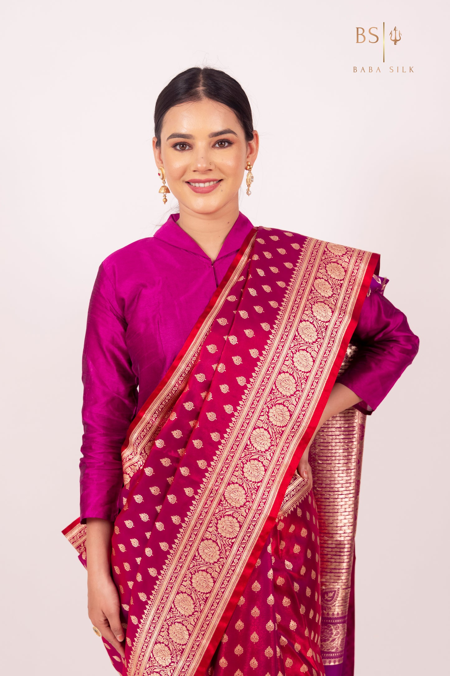 Bright Pink Booti Banarasi Silk Saree