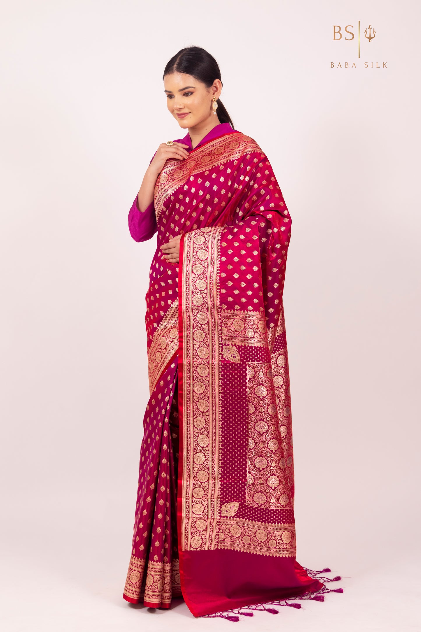 Bright Pink Booti Banarasi Silk Saree