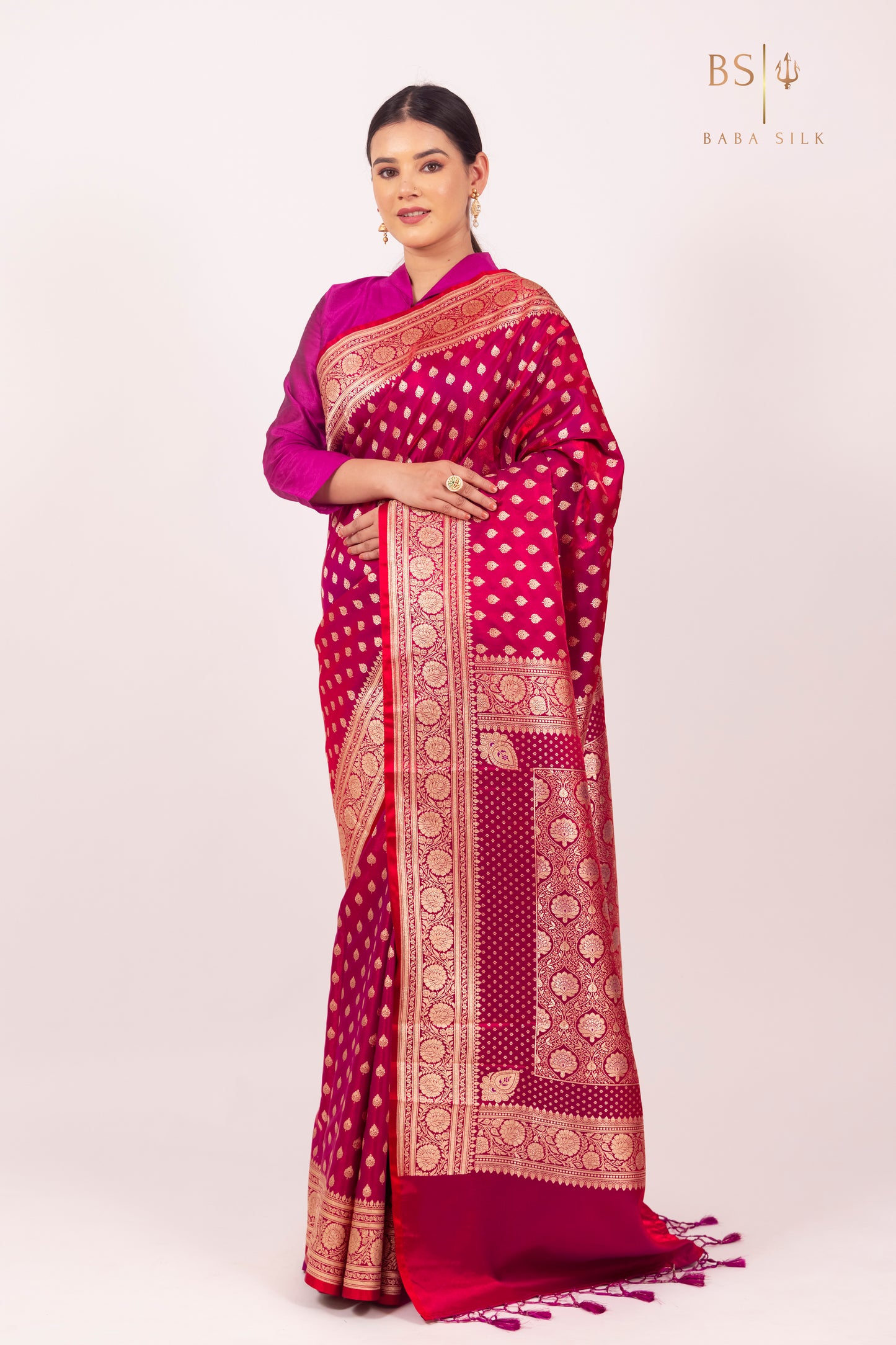 Bright Pink Booti Banarasi Silk Saree