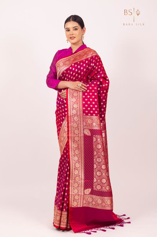 Bright Pink Booti Banarasi Silk Saree - Baba Silk