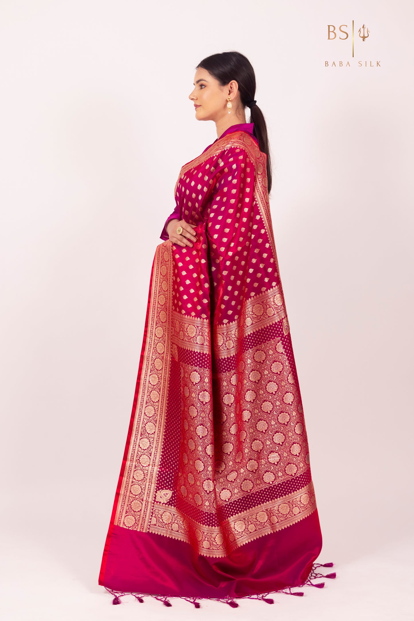 Bright Pink Booti Banarasi Silk Saree