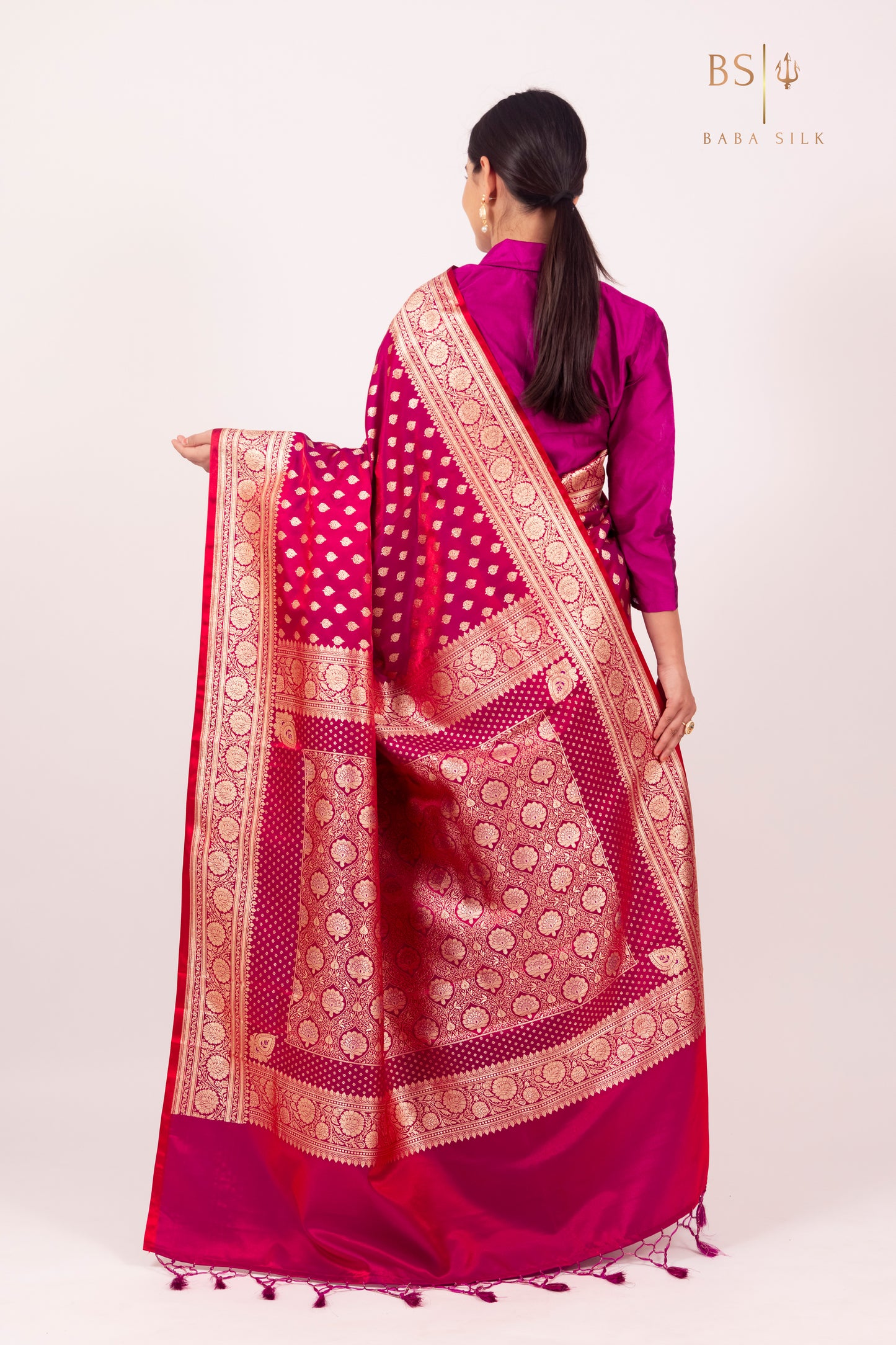 Bright Pink Booti Banarasi Silk Saree