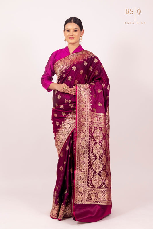 Magenta Booti with swarovski Banarasi Silk Saree - Baba Silk