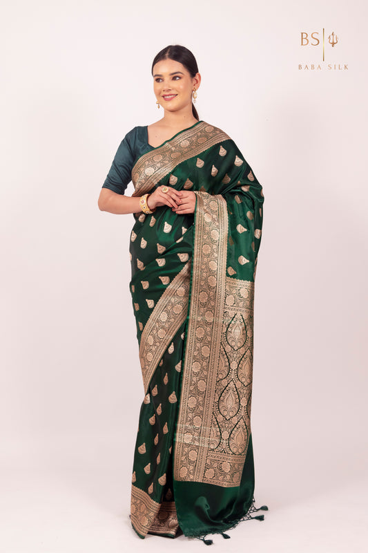 Bottle Green Booti Banarasi Silk Saree - Baba Silk