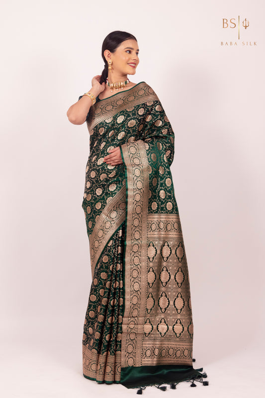 Bottle Green Jaal Banarasi Silk Saree - Baba Silk