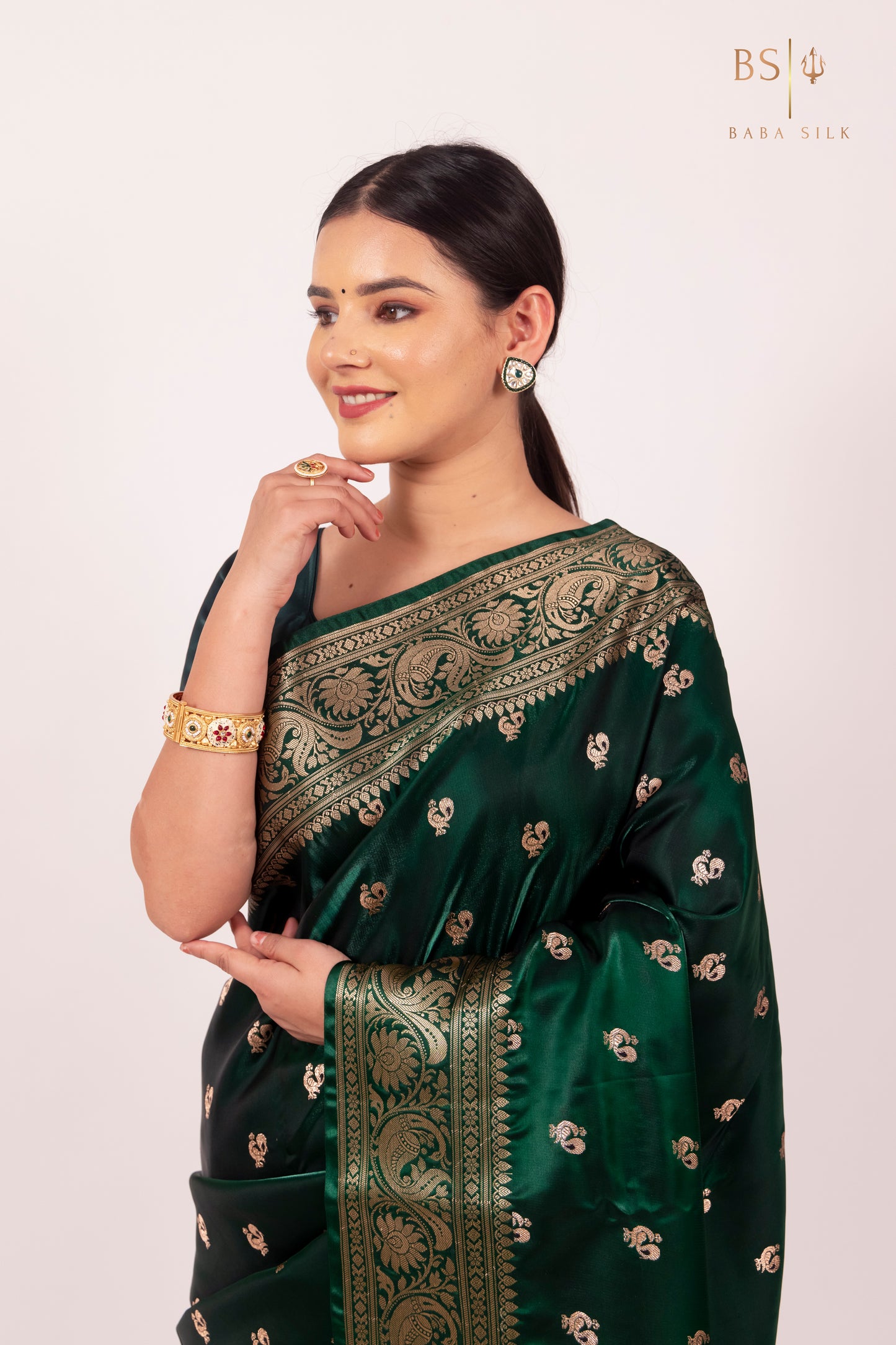 Bottle Green Booti Banarasi Silk Saree