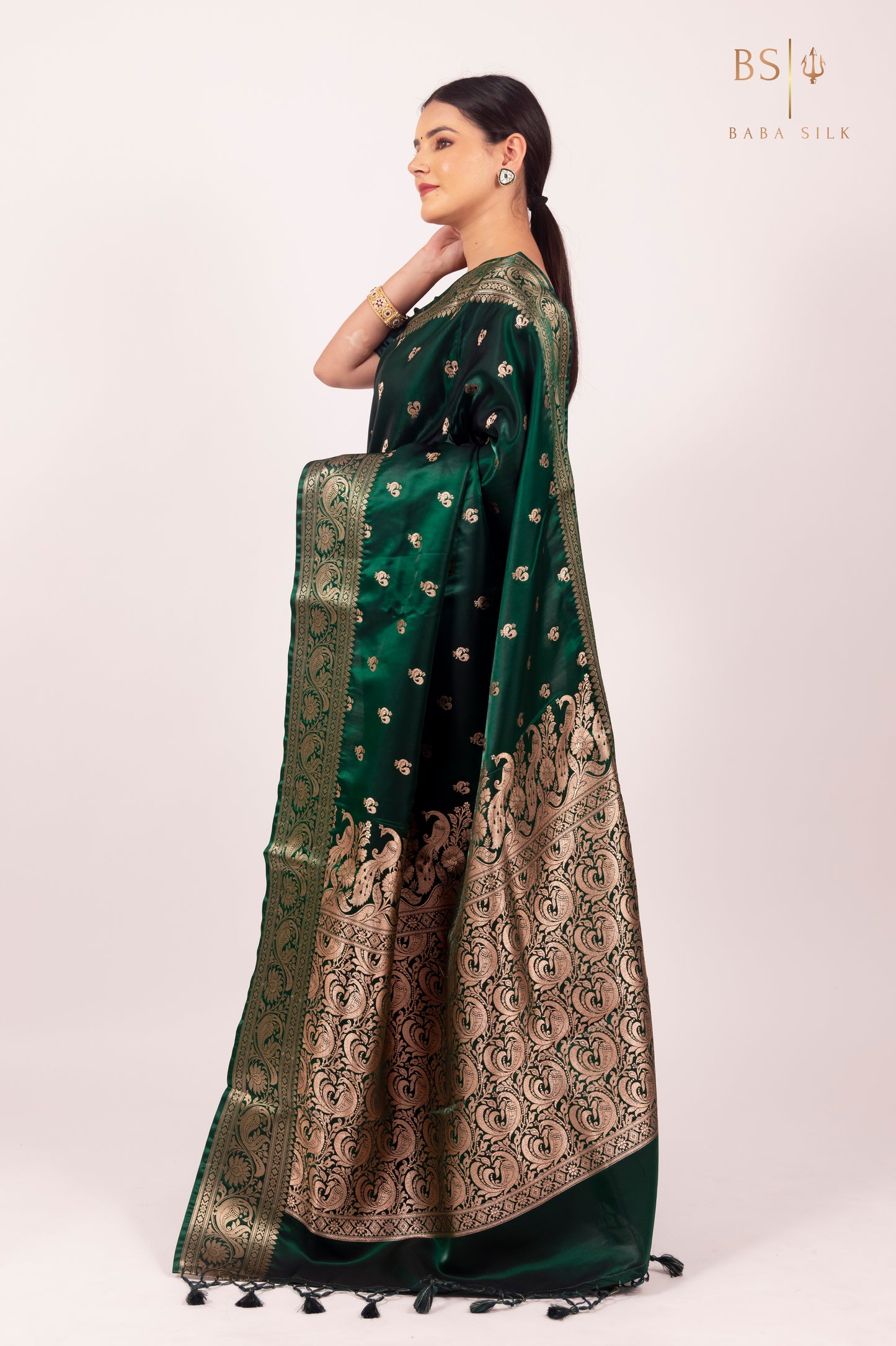 Bottle Green Booti Banarasi Silk Saree