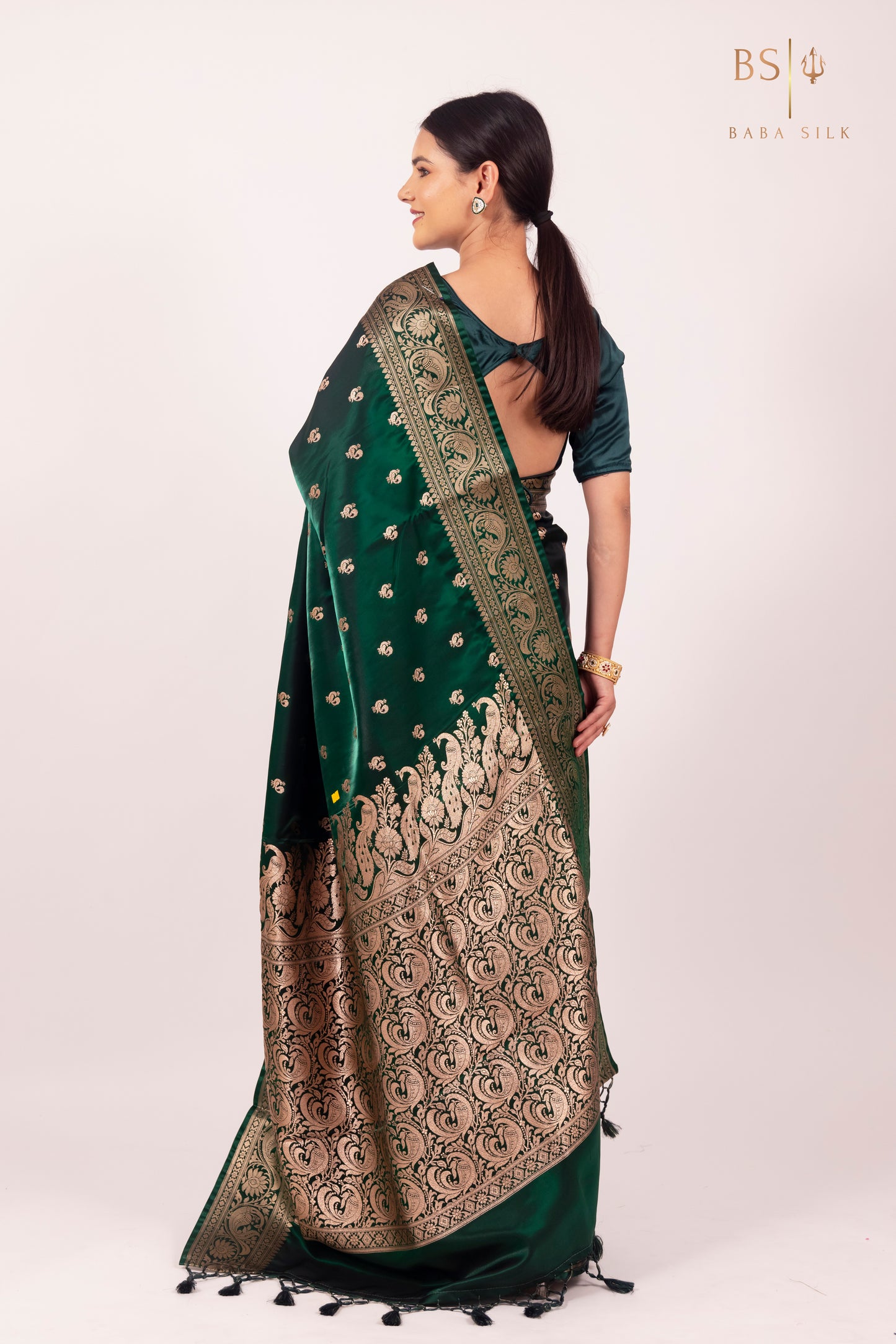 Bottle Green Booti Banarasi Silk Saree