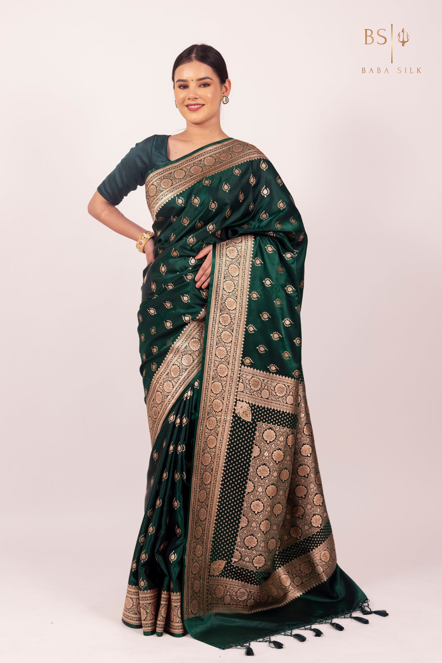 Bottle Green Booti with swarovski Banarasi Silk Saree