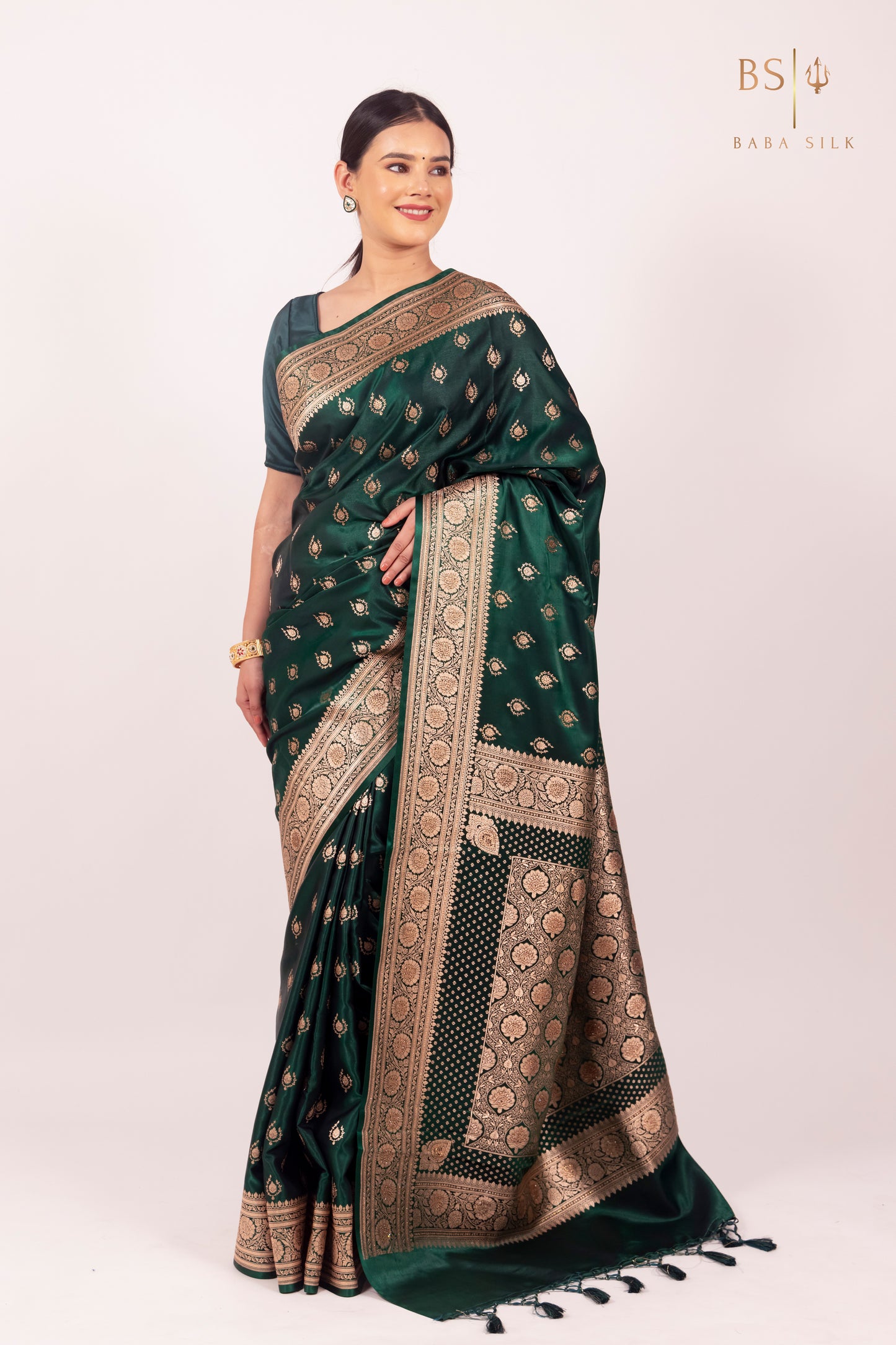 Bottle Green Booti with swarovski Banarasi Silk Saree