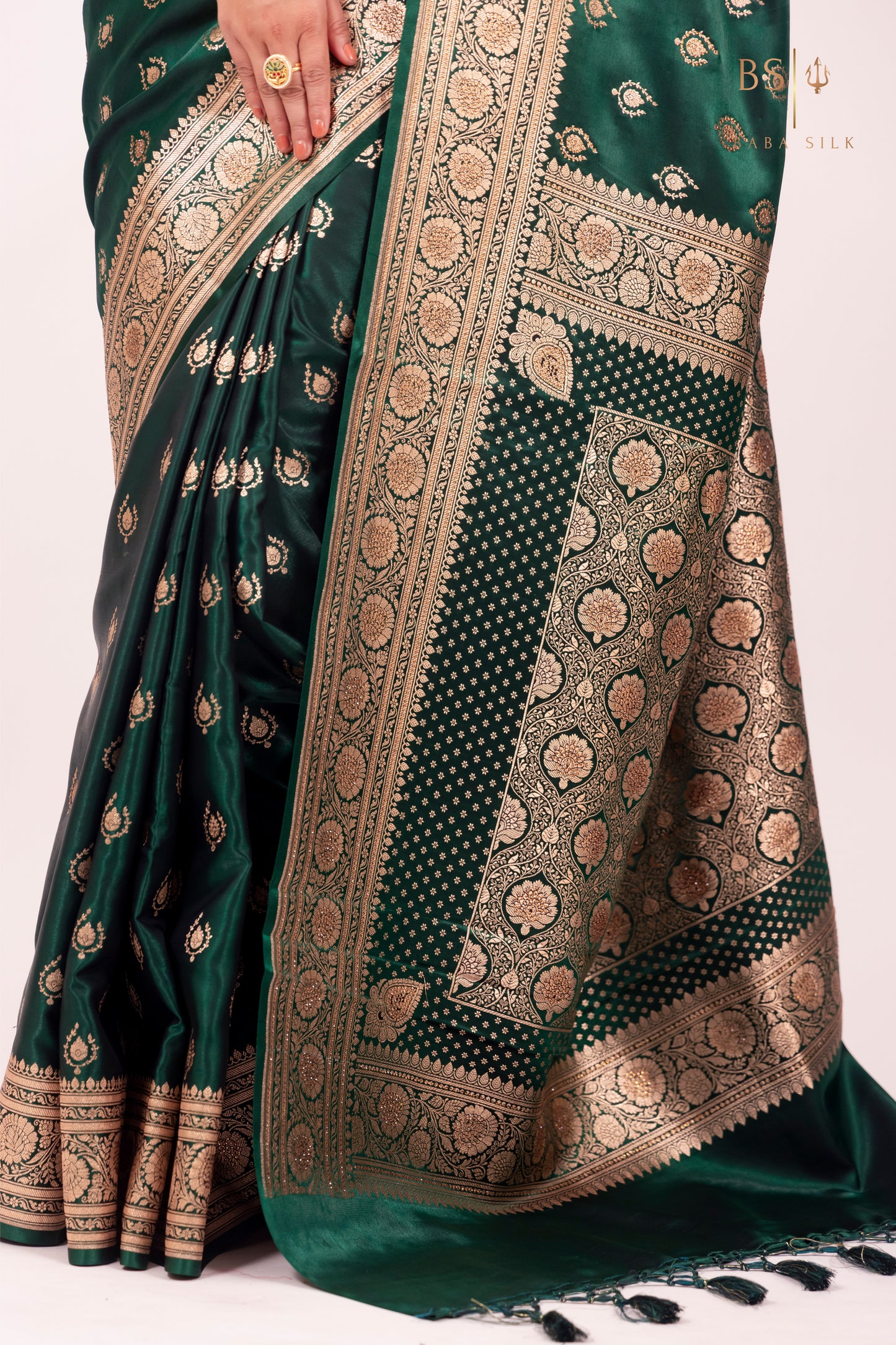 Bottle Green Booti with swarovski Banarasi Silk Saree