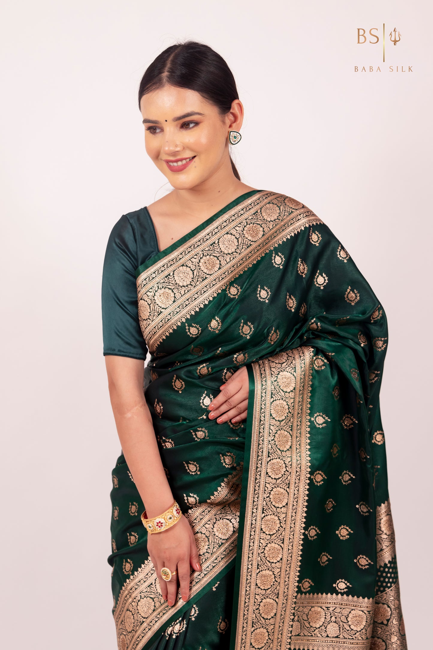 Bottle Green Booti with swarovski Banarasi Silk Saree