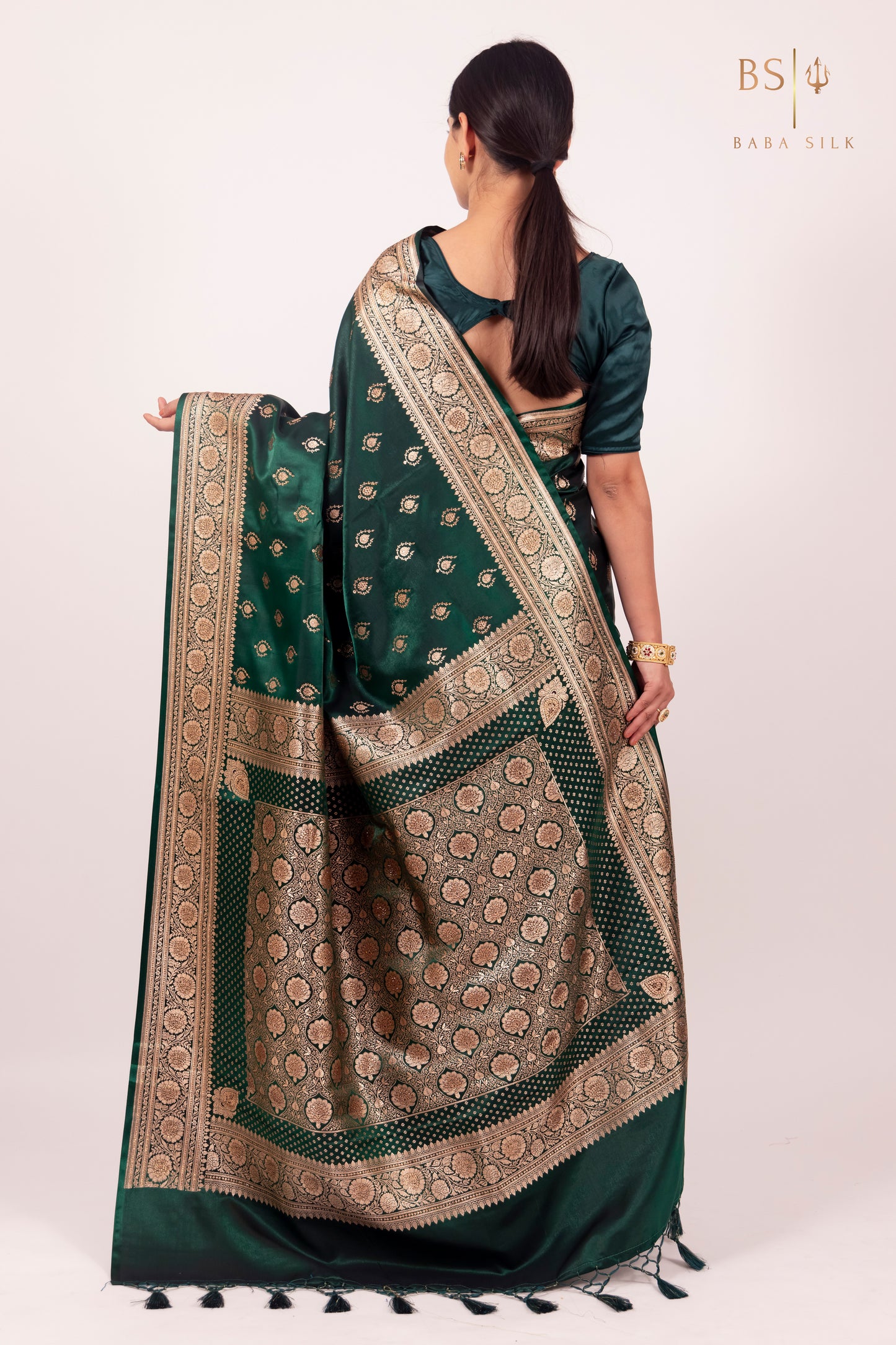 Bottle Green Booti with swarovski Banarasi Silk Saree