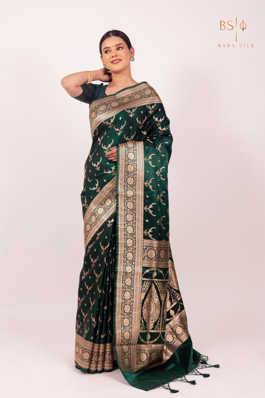 Bottle Green Jaal Banarasi Silk Saree - Baba Silk