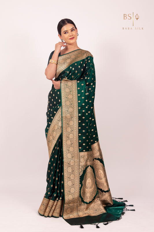 Bottle Green Booti Banarasi Silk Saree - Baba Silk