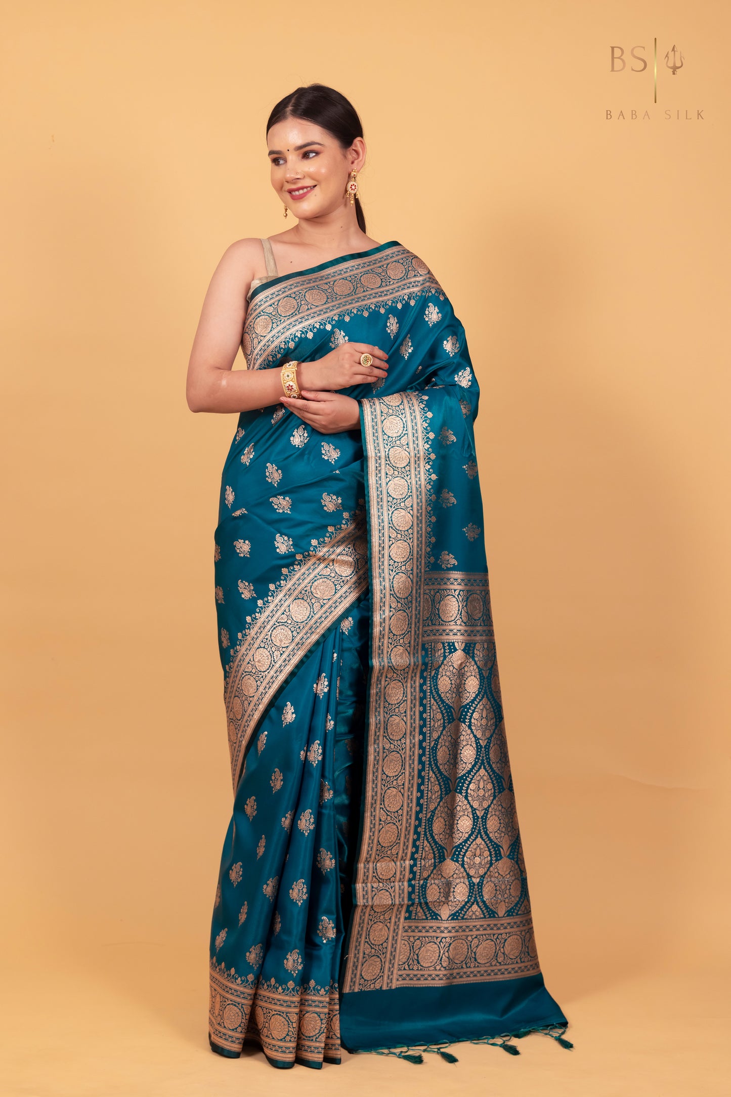 Dark Teal Blue Booti Banarasi Silk Saree
