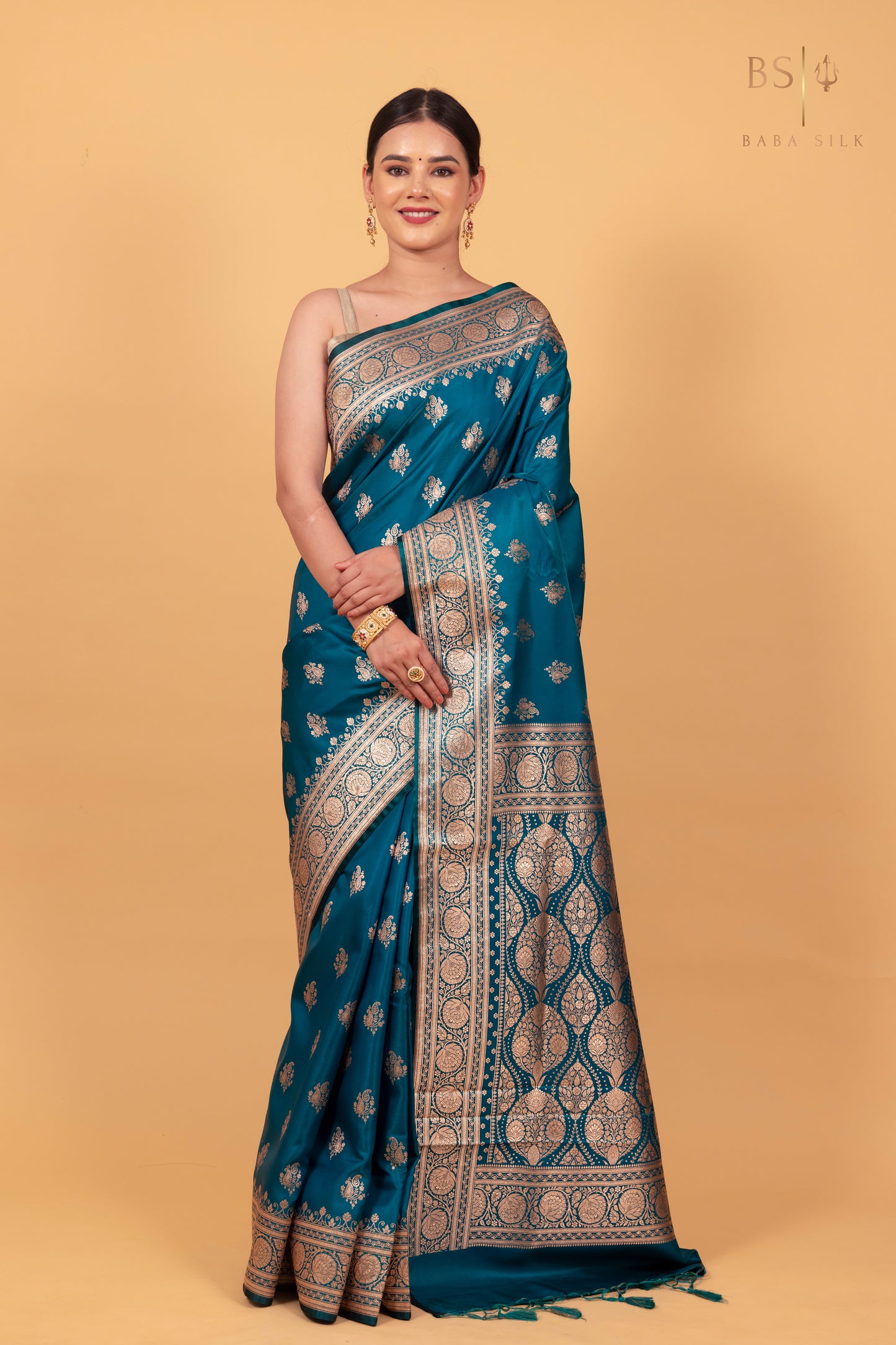 Dark Teal Blue Booti Banarasi Silk Saree