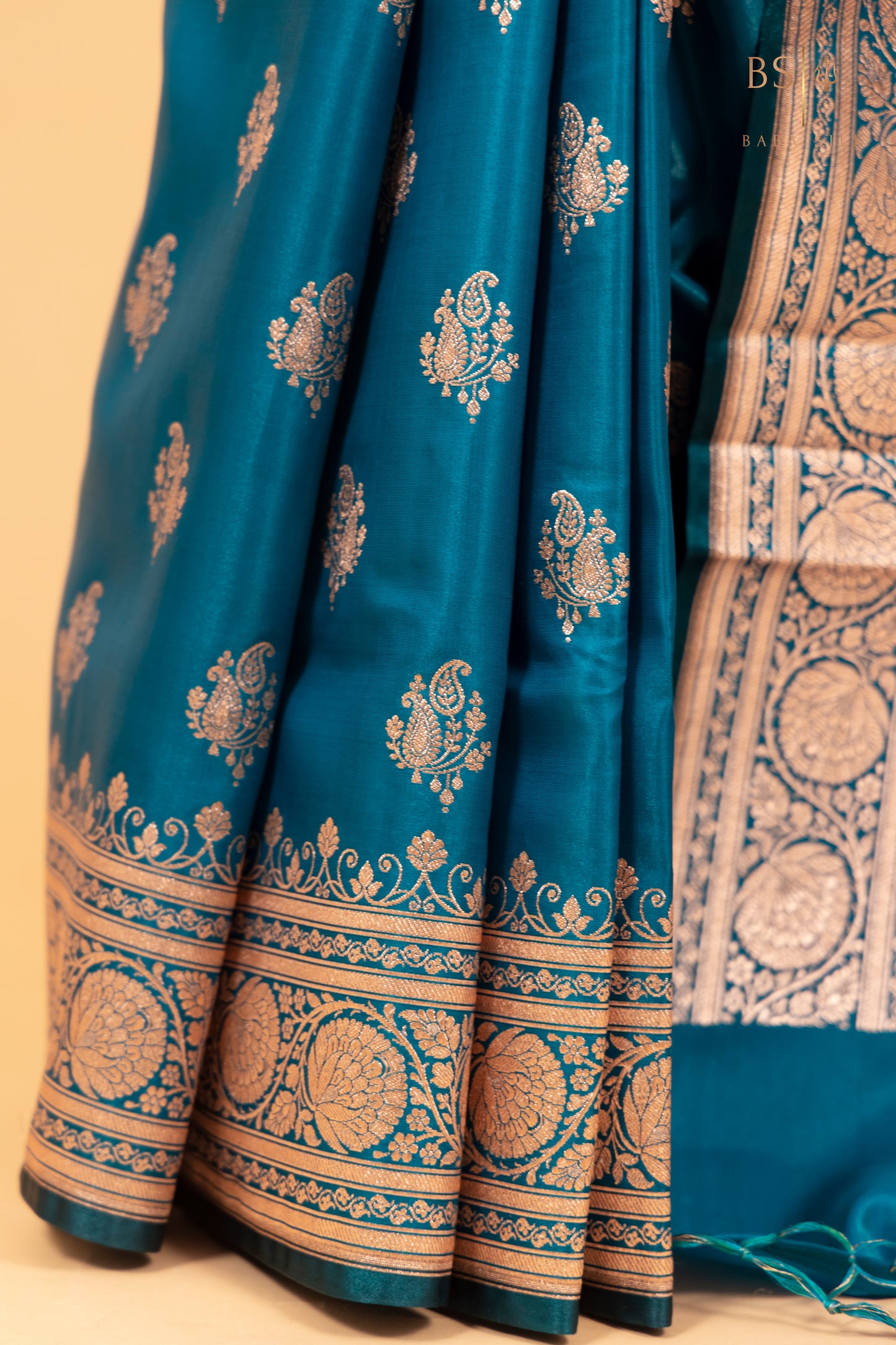 Dark Teal Blue Booti Banarasi Silk Saree