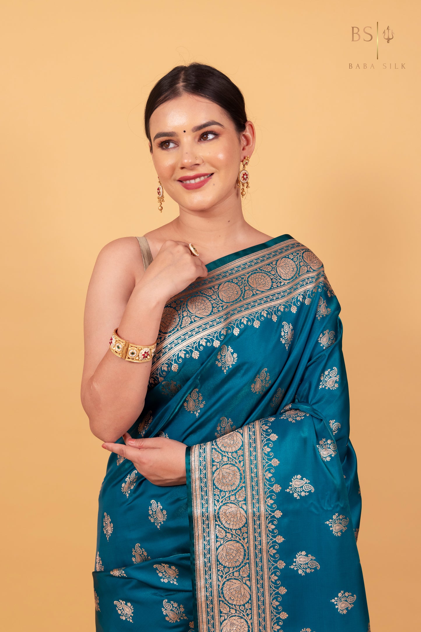 Dark Teal Blue Booti Banarasi Silk Saree