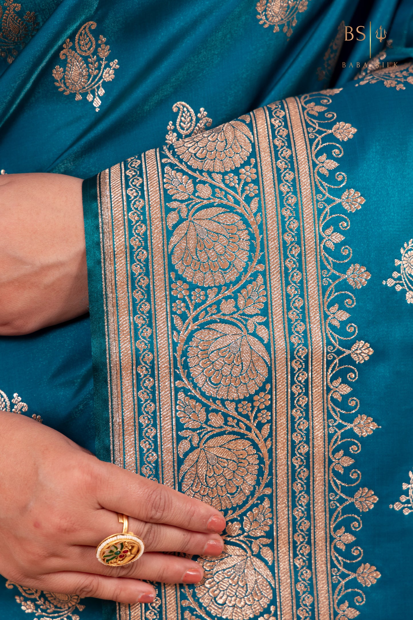 Dark Teal Blue Booti Banarasi Silk Saree