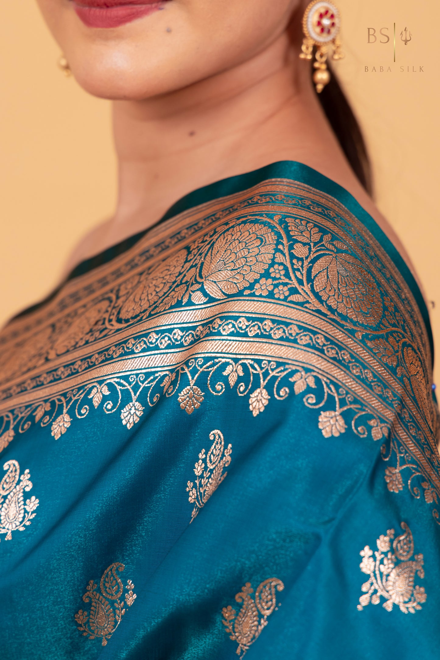Dark Teal Blue Booti Banarasi Silk Saree