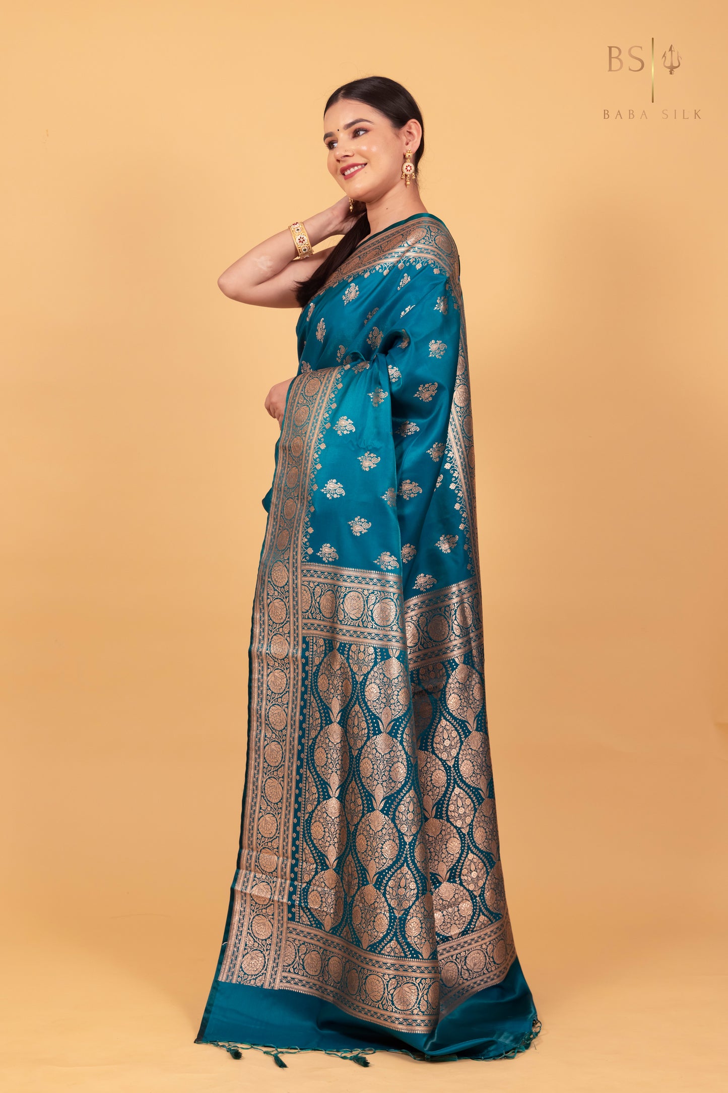 Dark Teal Blue Booti Banarasi Silk Saree