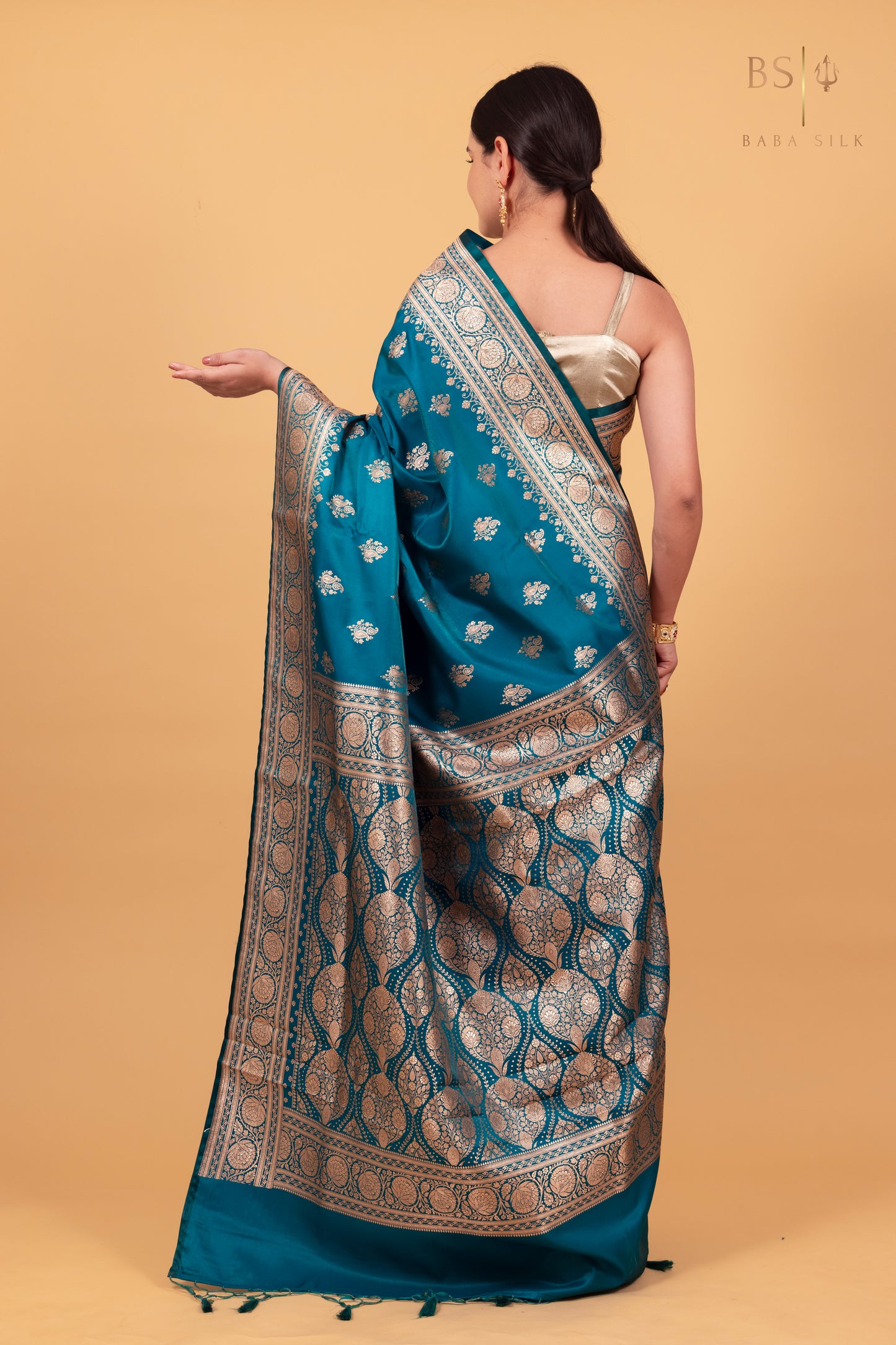 Dark Teal Blue Booti Banarasi Silk Saree