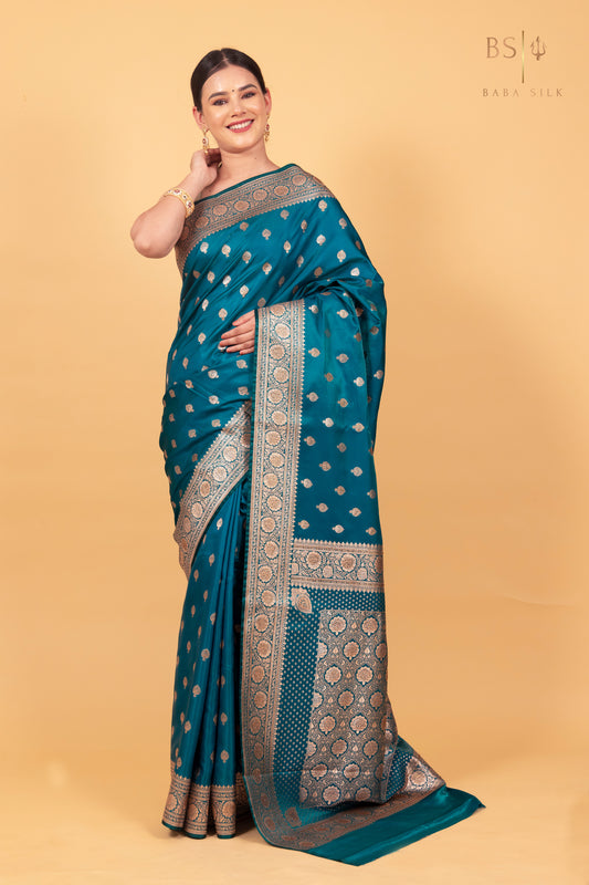Teal Blue Booti with swarovski Banarasi Silk Saree - Baba Silk
