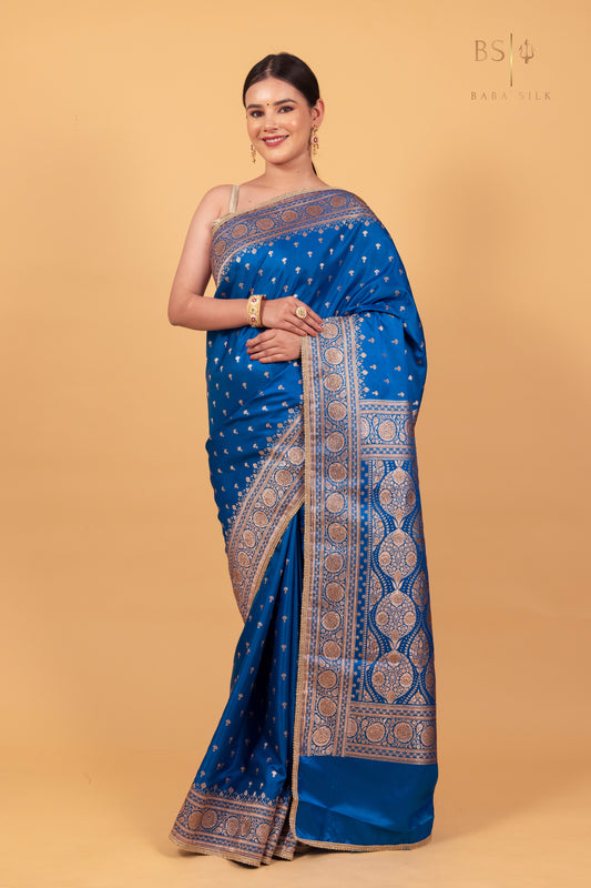 Peacock Blue Booti with swarovski Banarasi Silk Saree - Baba Silk