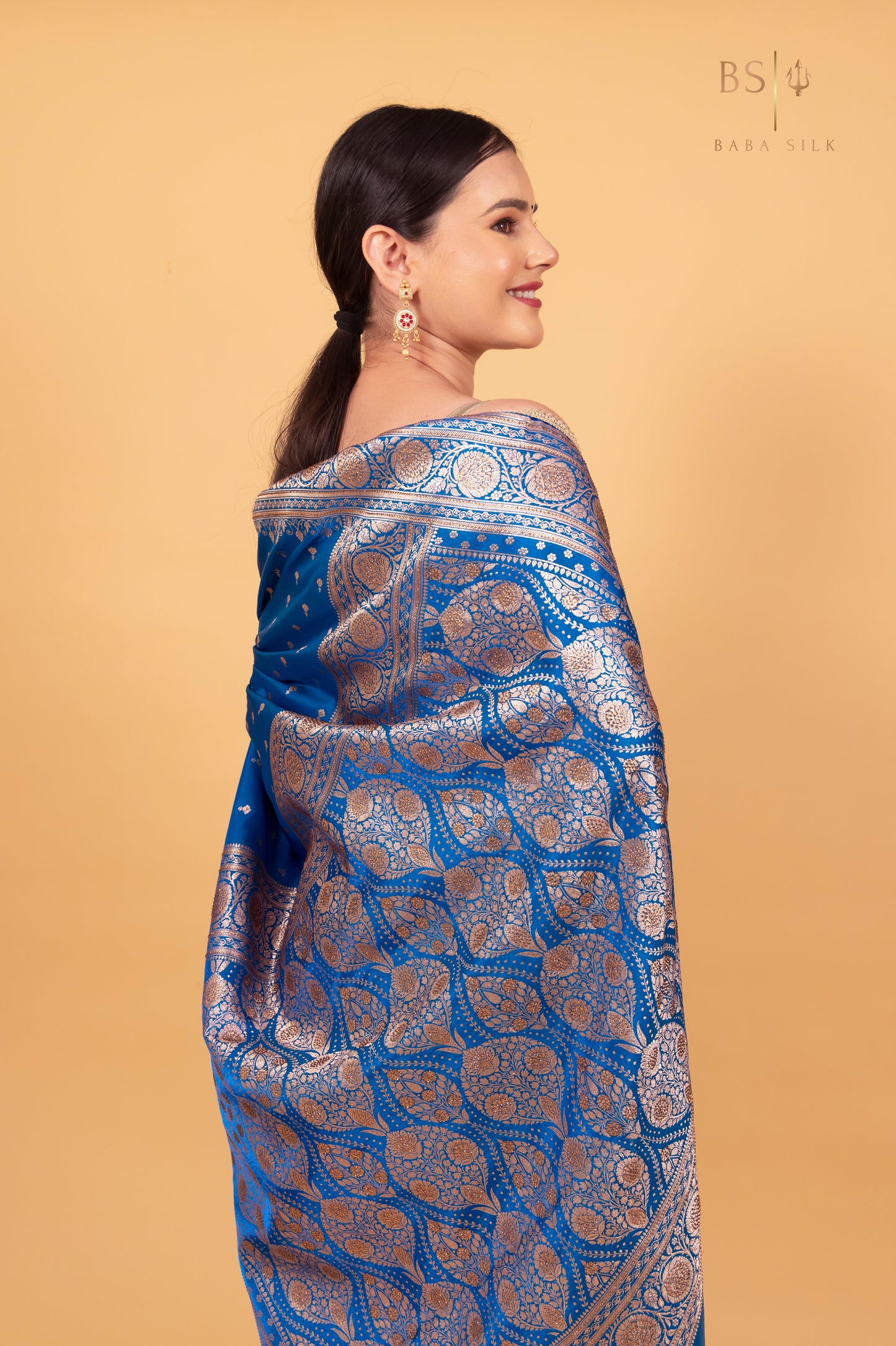 Peacock Blue Booti with swarovski Banarasi Silk Saree