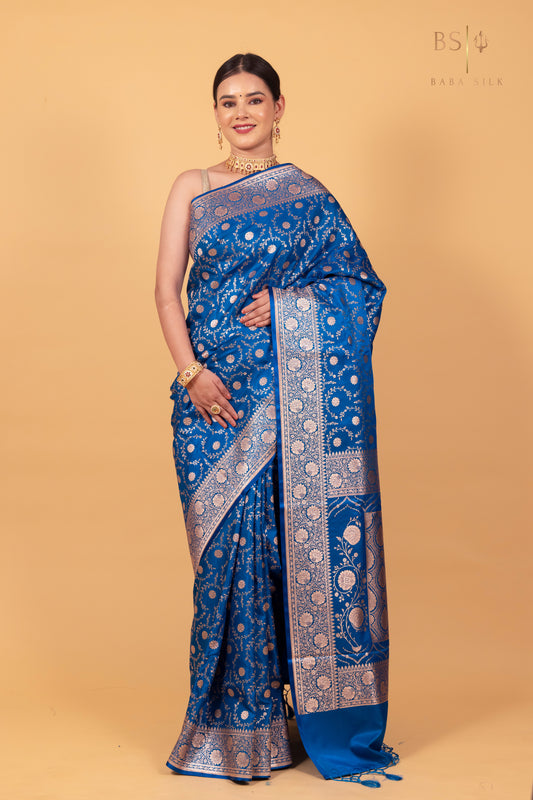 Peacock Blue Jaal Banarasi Silk Saree - Baba Silk