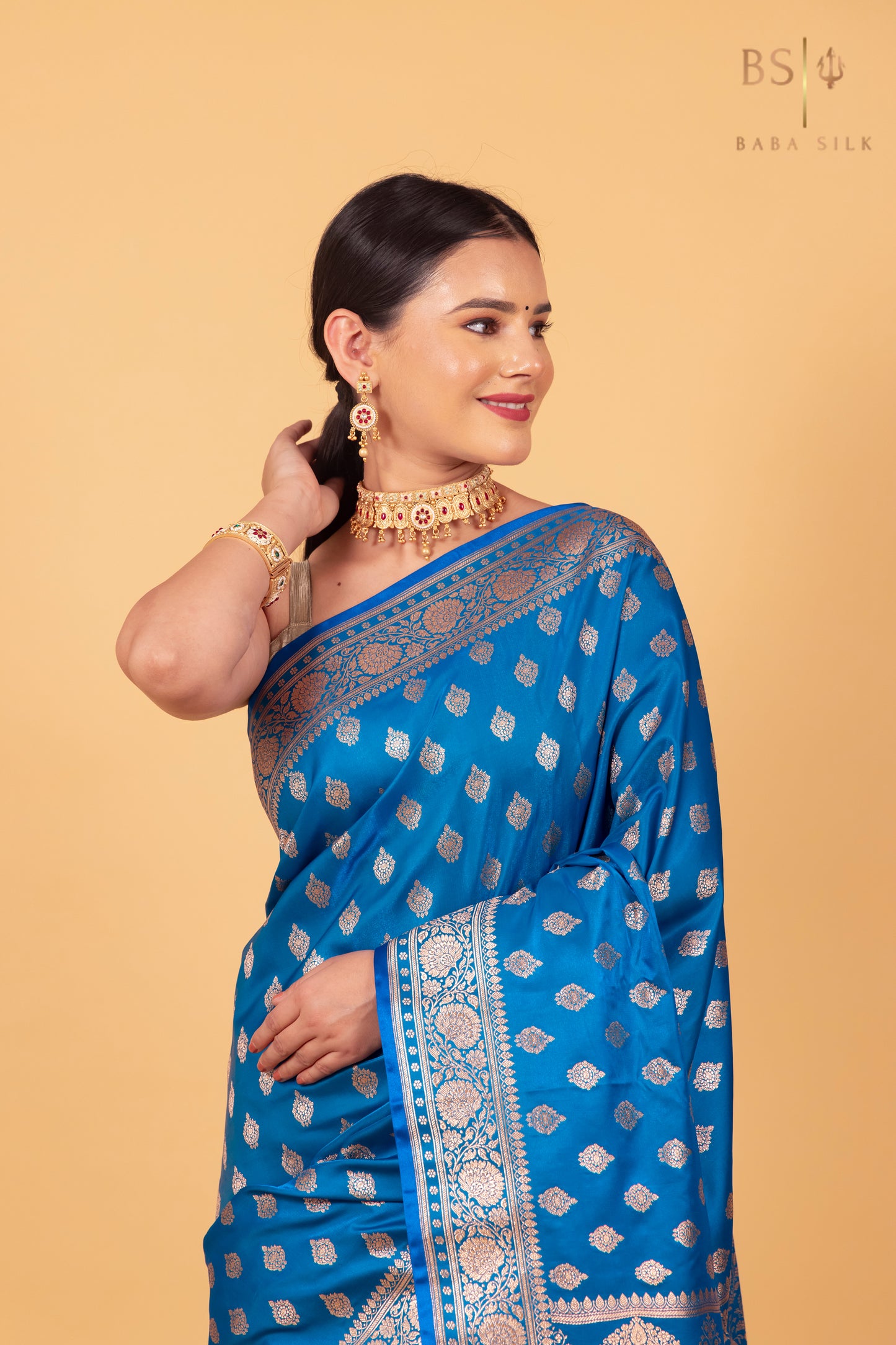 Peacock Blue Booti Banarasi Silk Saree - Baba Silk