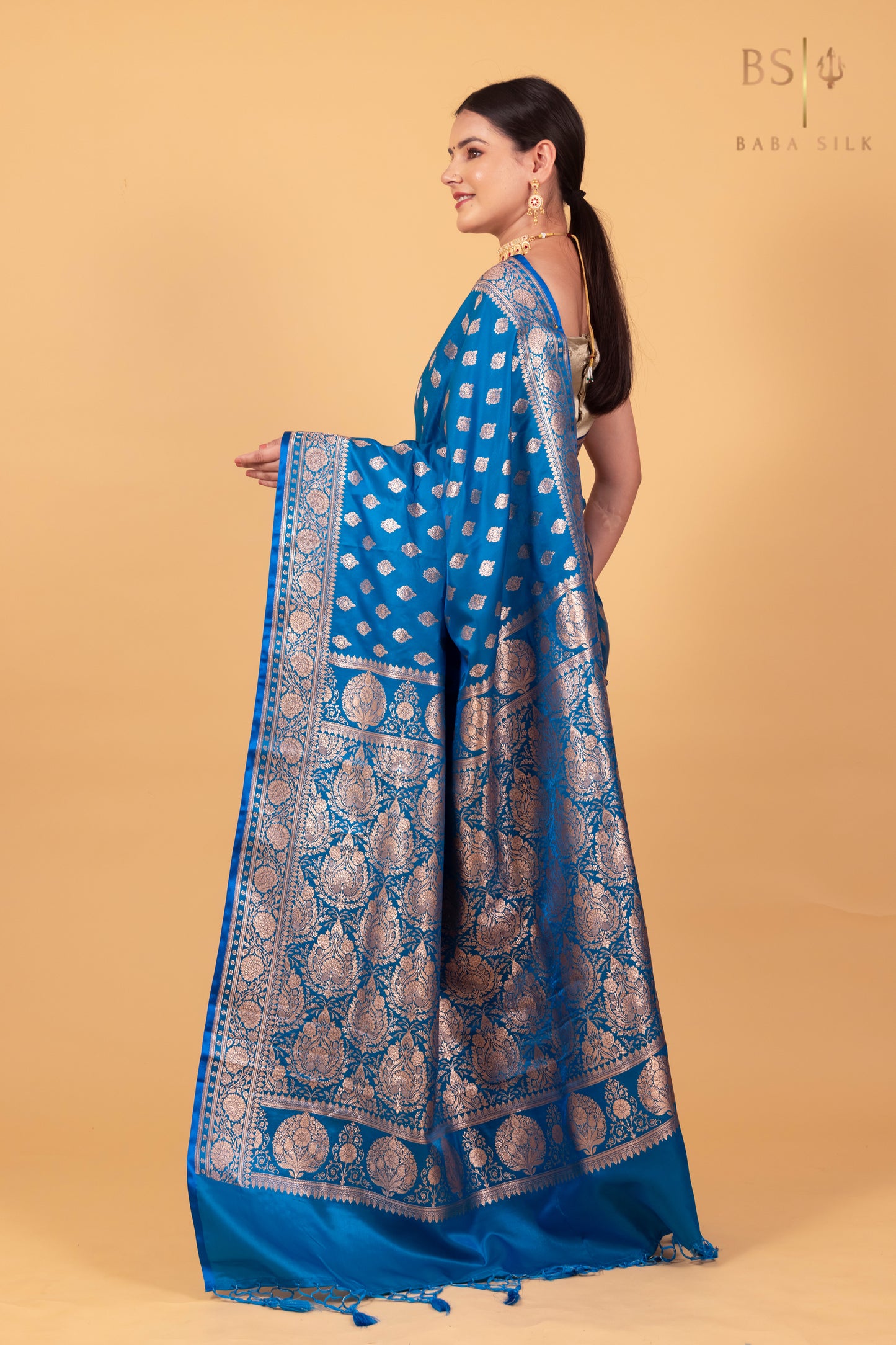 Peacock Blue Booti Banarasi Silk Saree - Baba Silk