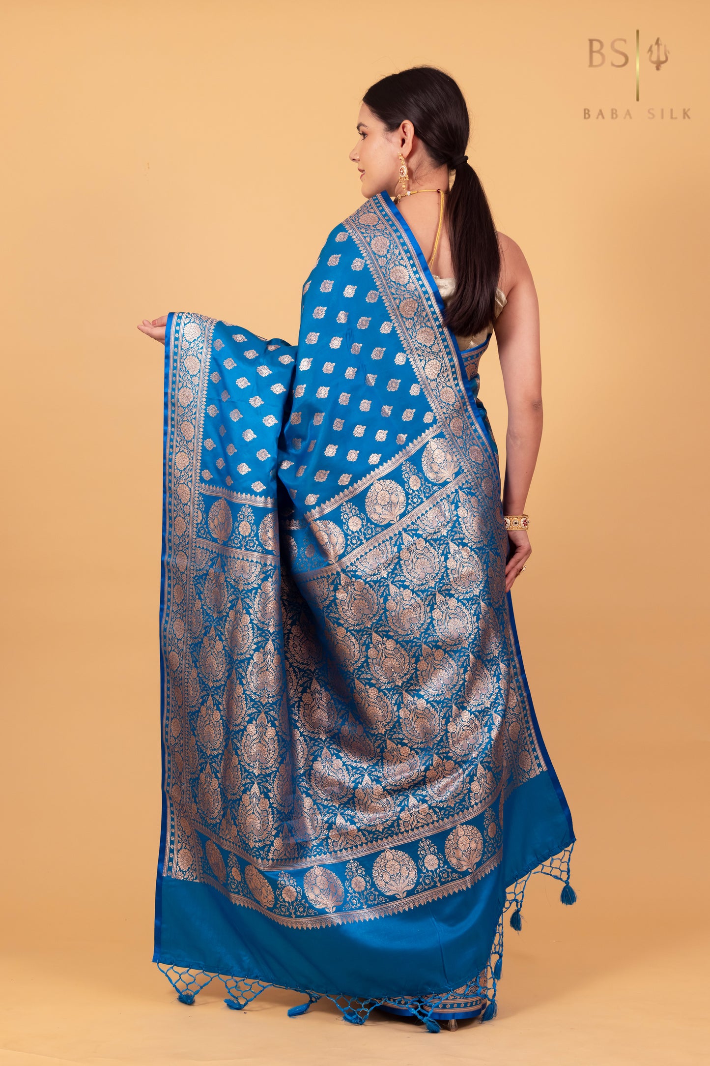 Peacock Blue Booti Banarasi Silk Saree - Baba Silk