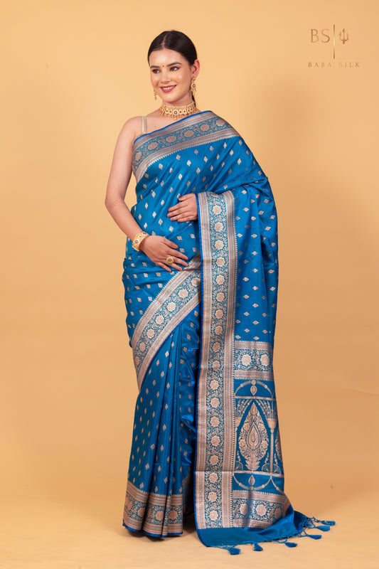 Peacock Blue Booti Banarasi Silk Saree - Baba Silk