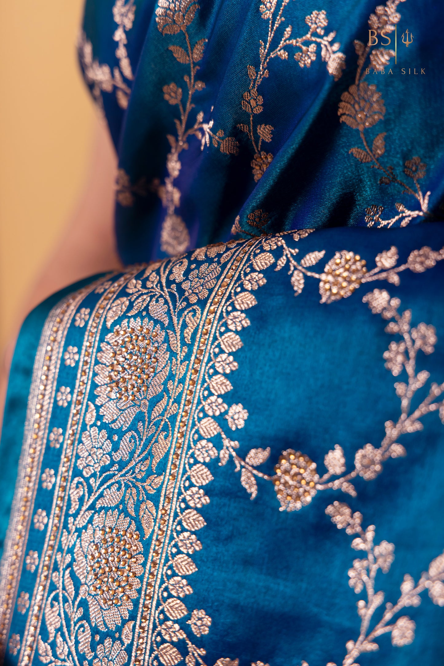 Peacock Blue Jaal with swarovski Banarasi Silk Saree