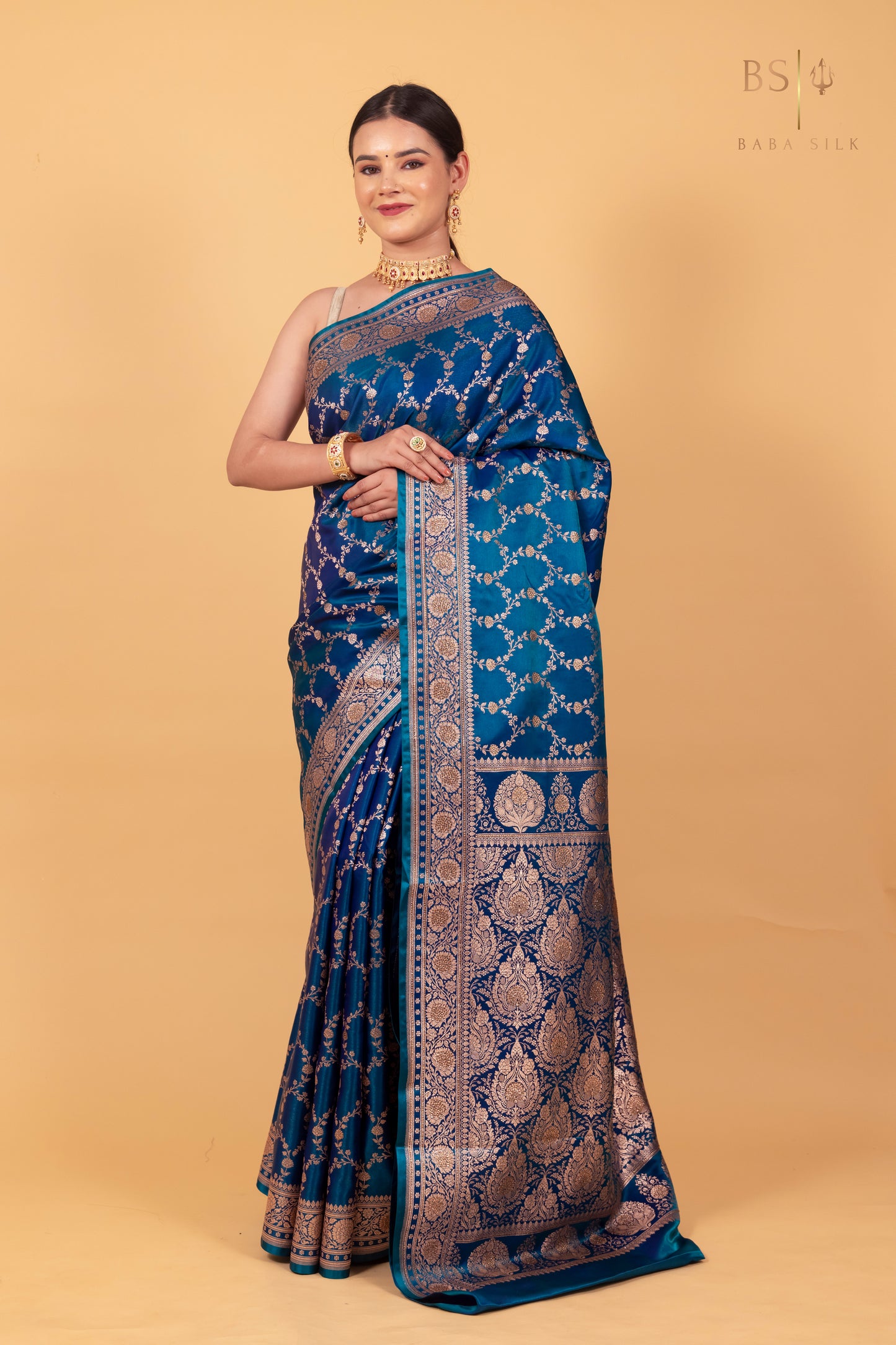 Peacock Blue Jaal with swarovski Banarasi Silk Saree