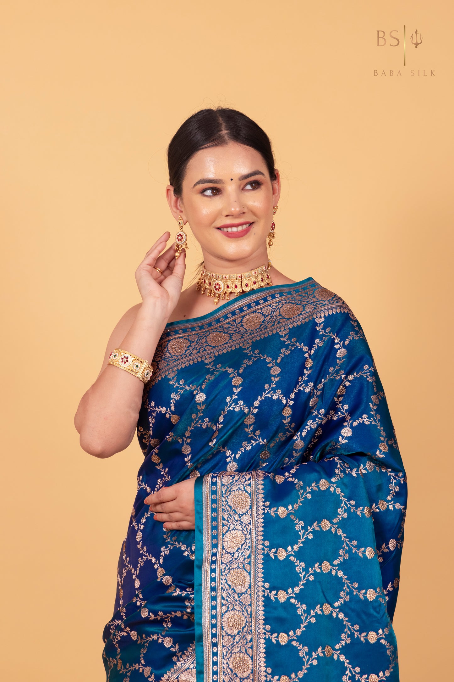 Peacock Blue Jaal with swarovski Banarasi Silk Saree