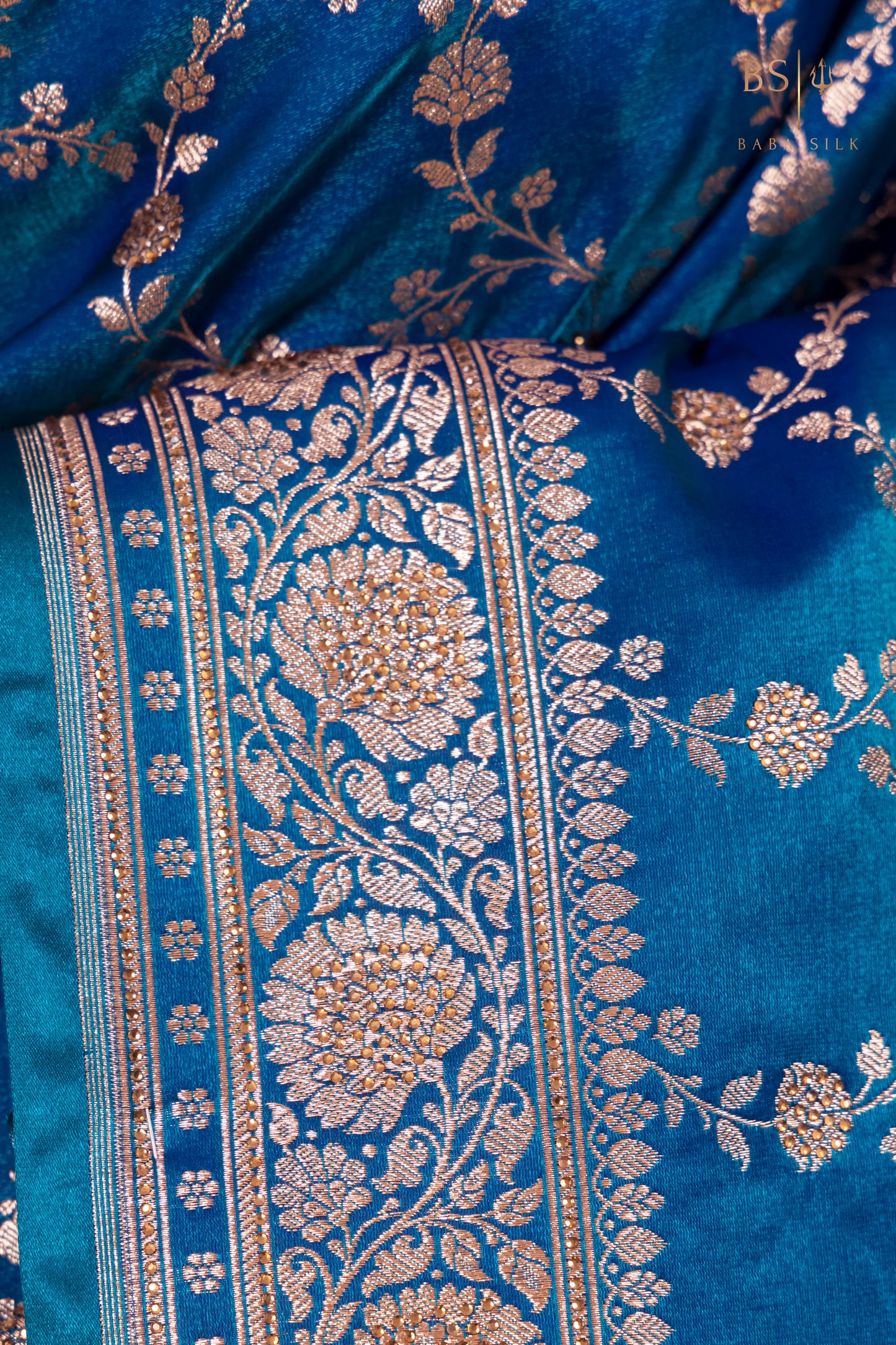 Peacock Blue Jaal with swarovski Banarasi Silk Saree