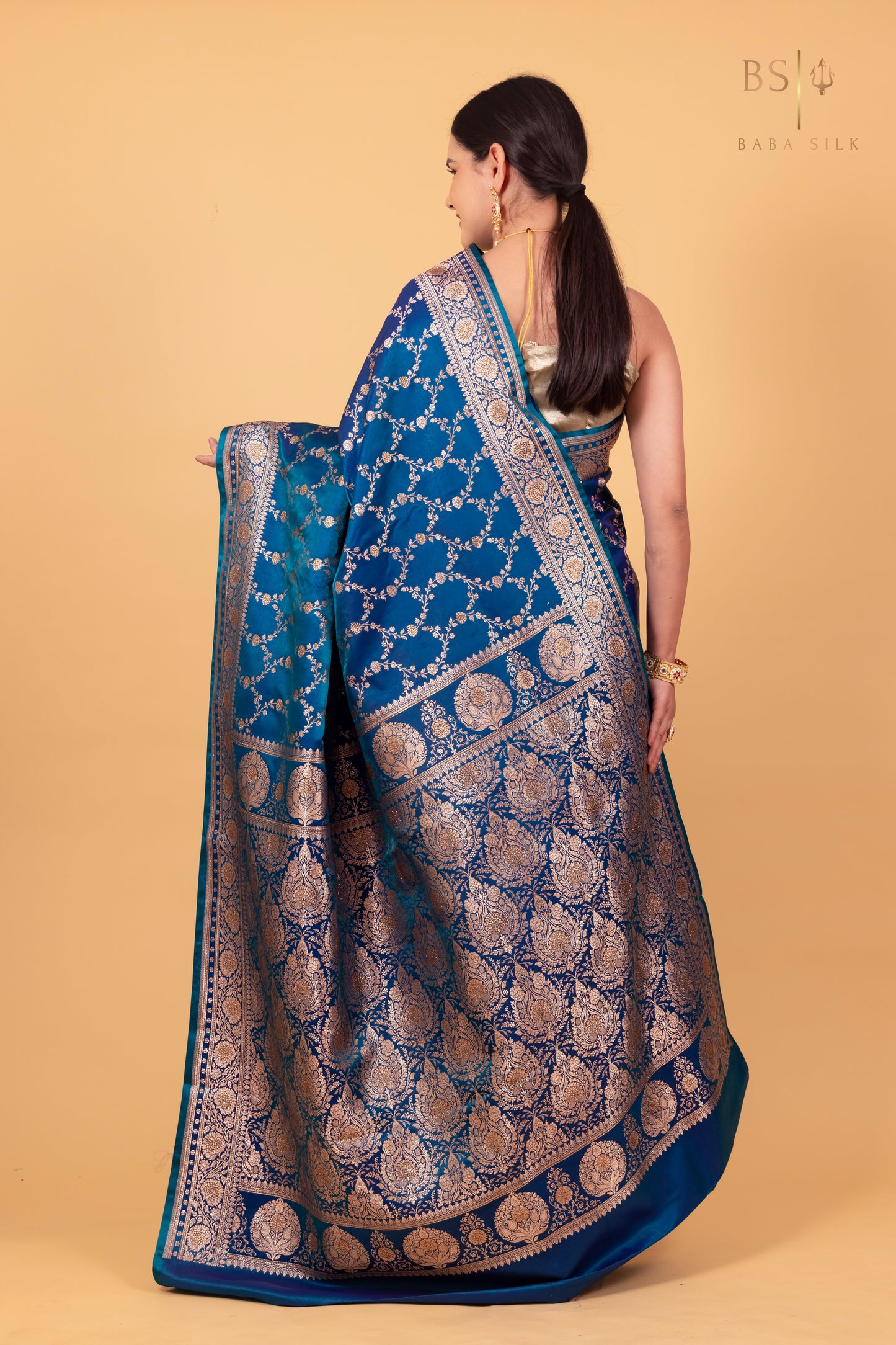 Peacock Blue Jaal with swarovski Banarasi Silk Saree