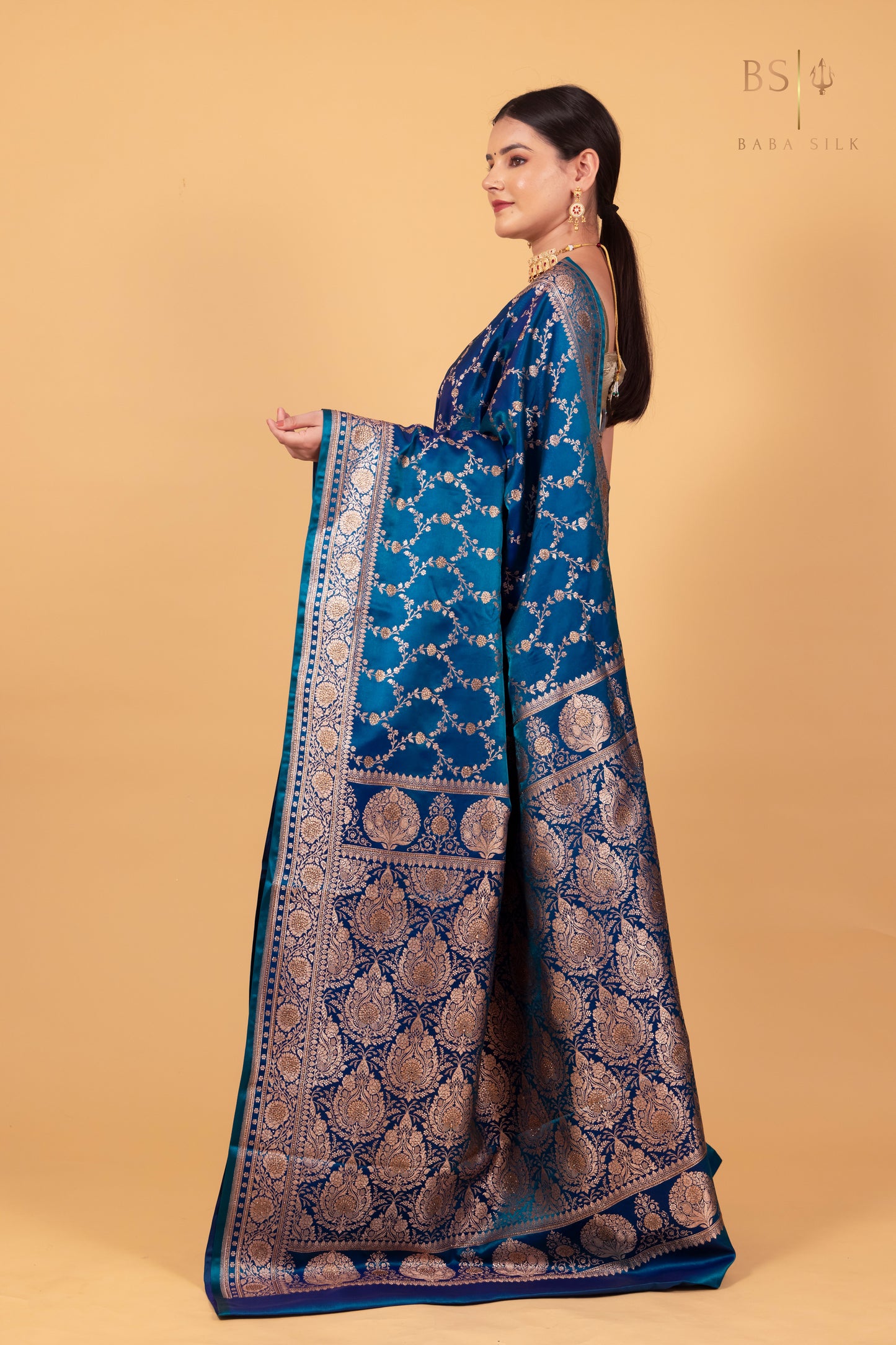 Peacock Blue Jaal with swarovski Banarasi Silk Saree