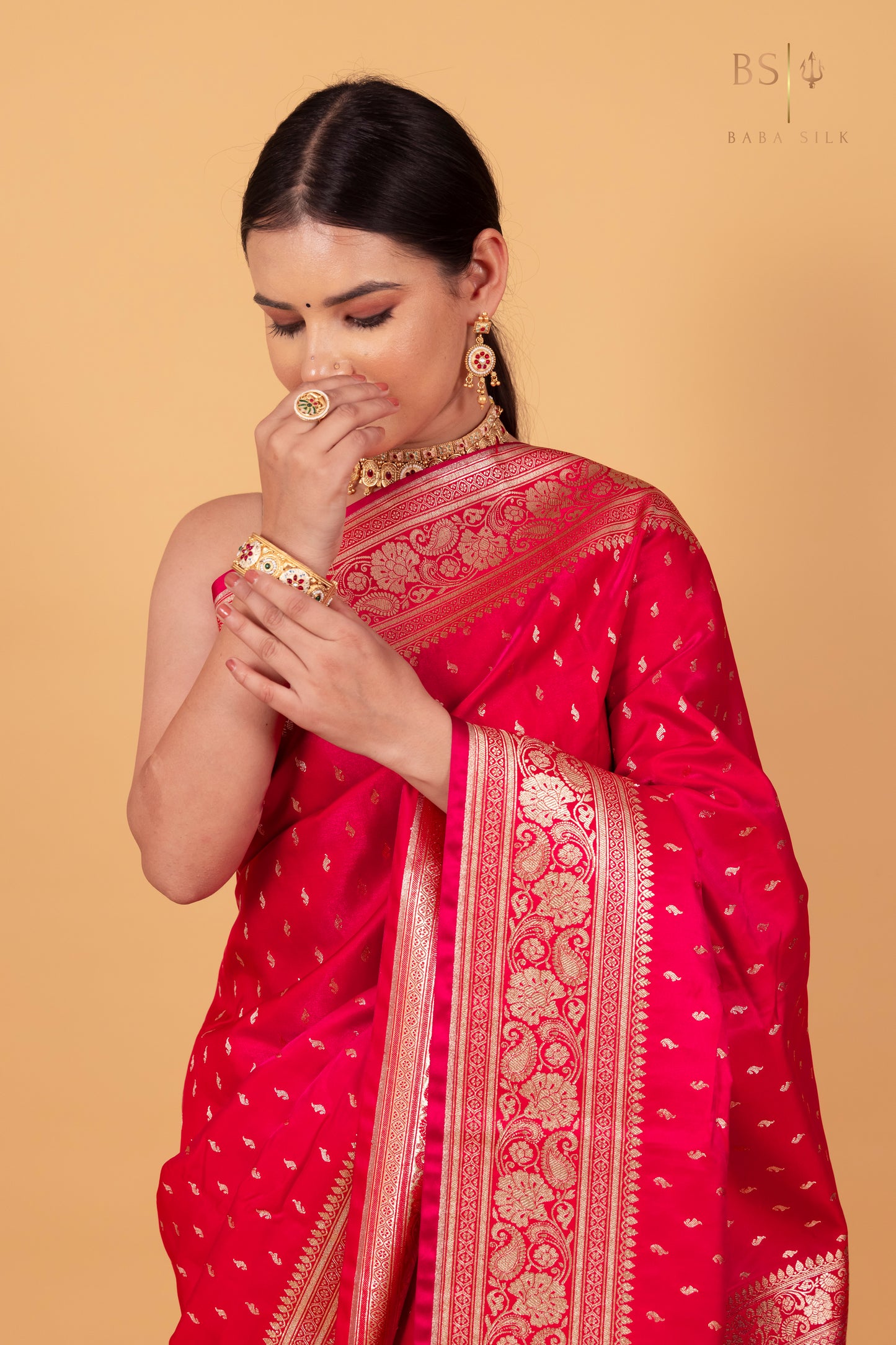Pink Red Booti Banarasi Silk Saree