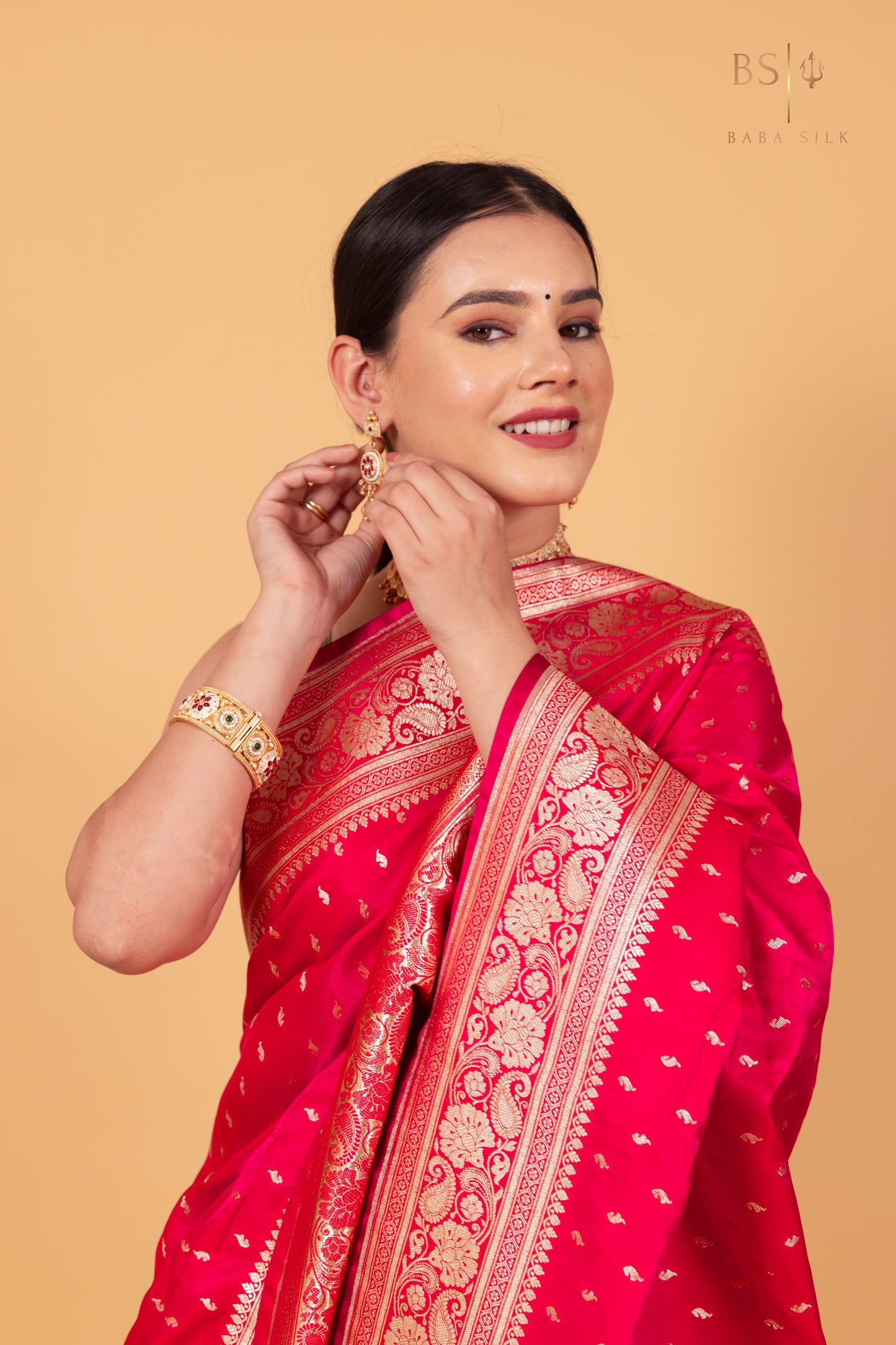 Pink Red Booti Banarasi Silk Saree