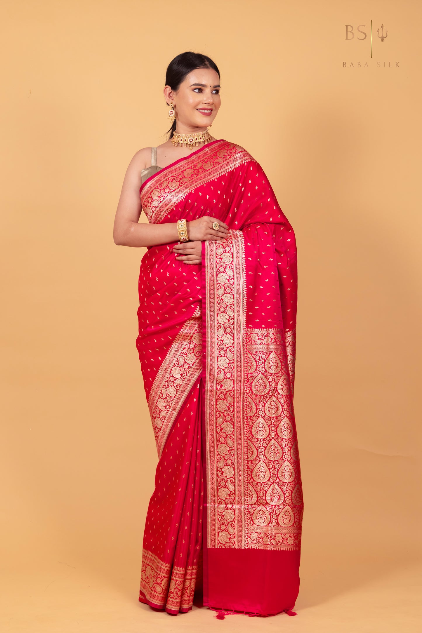 Pink Red Booti Banarasi Silk Saree
