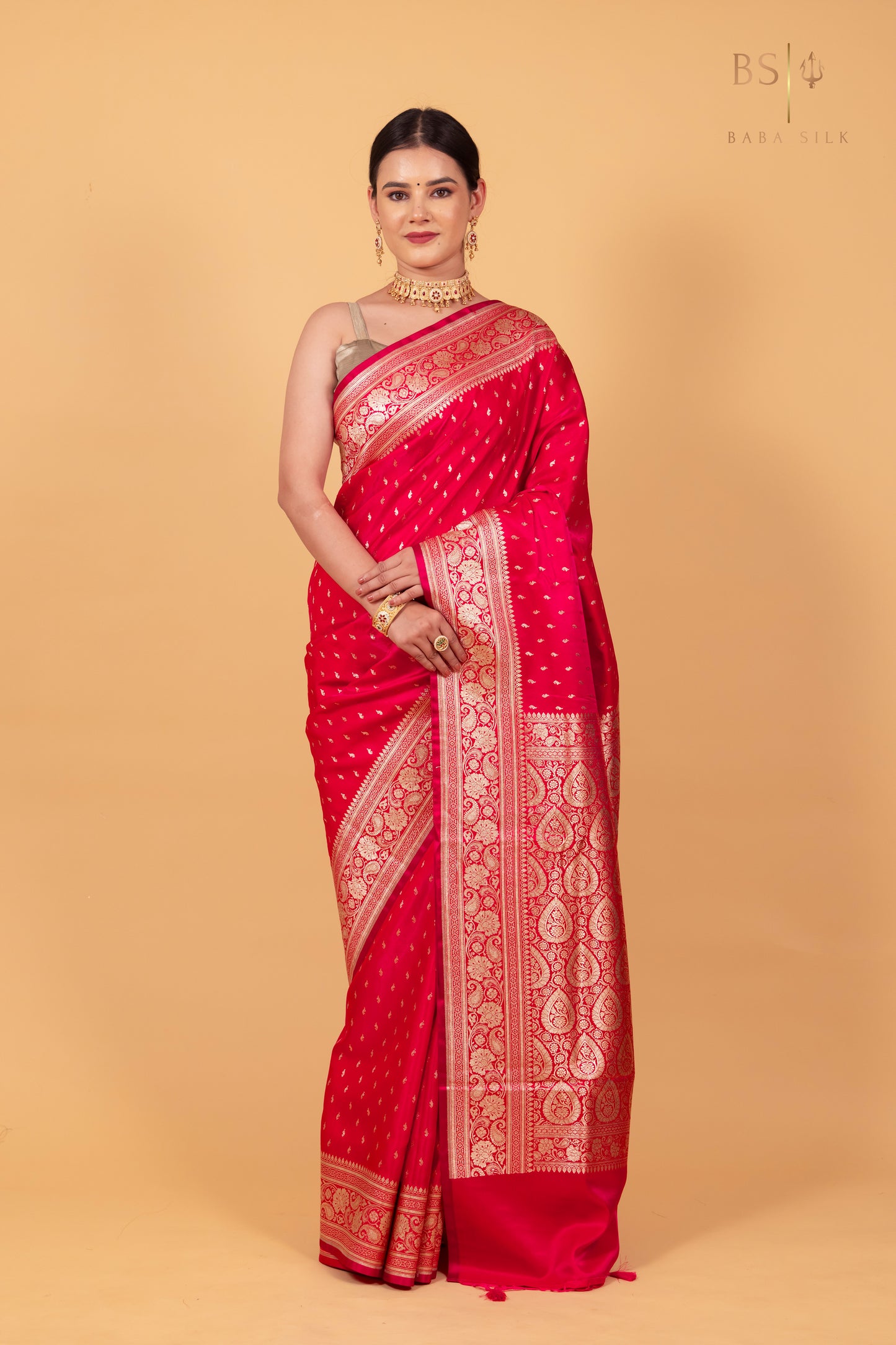 Pink Red Booti Banarasi Silk Saree