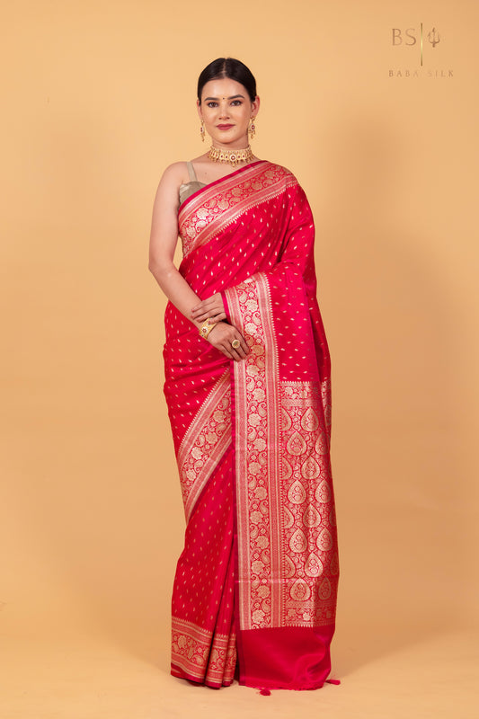 Pink Red Booti Banarasi Silk Saree - Baba Silk