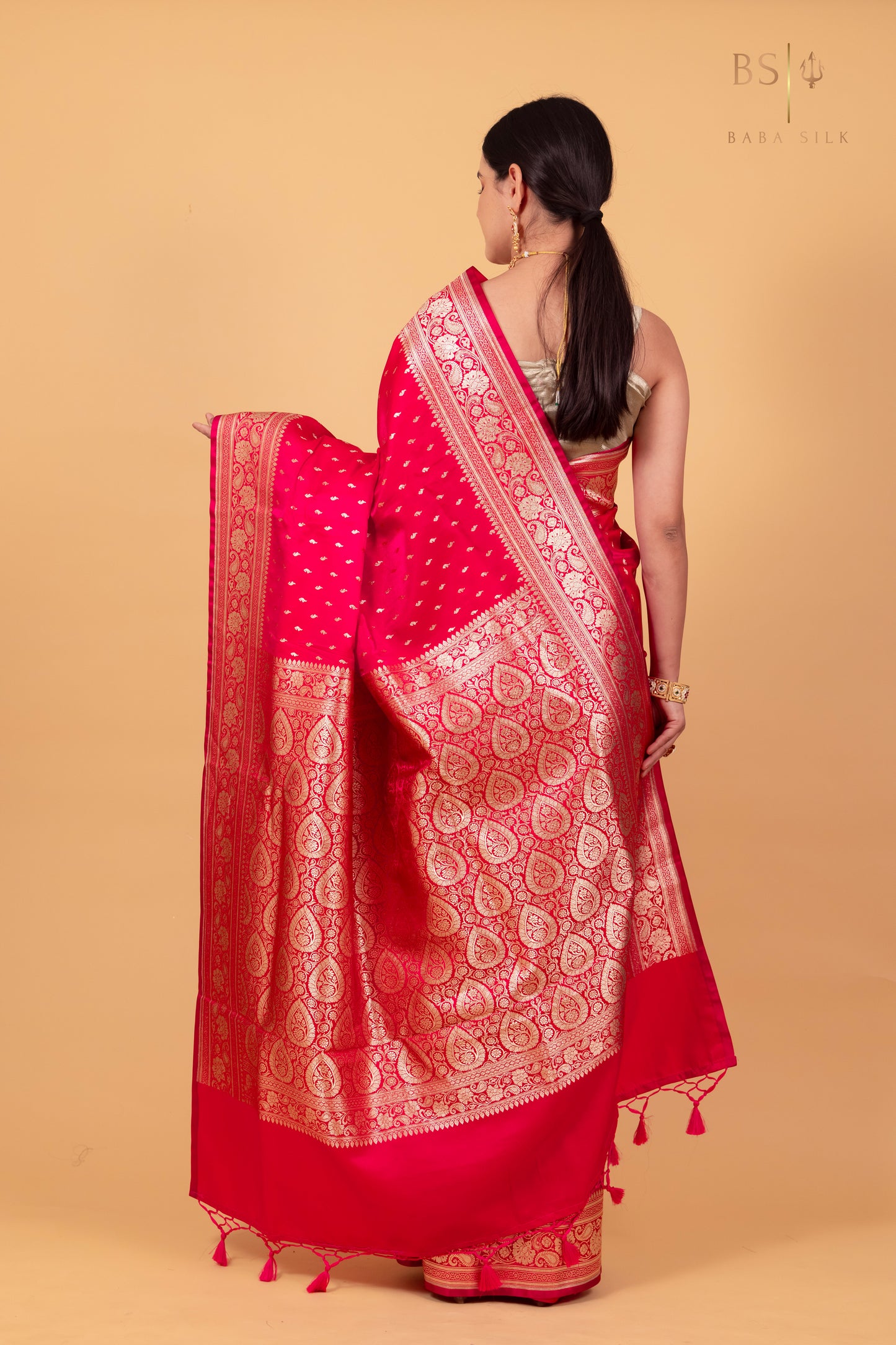 Pink Red Booti Banarasi Silk Saree