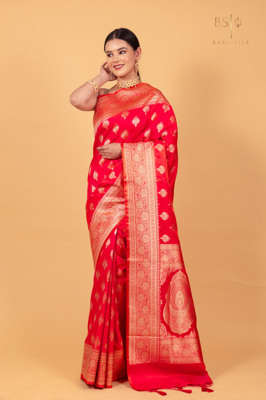 Pink Orange Booti Banarasi Silk Saree - Baba Silk
