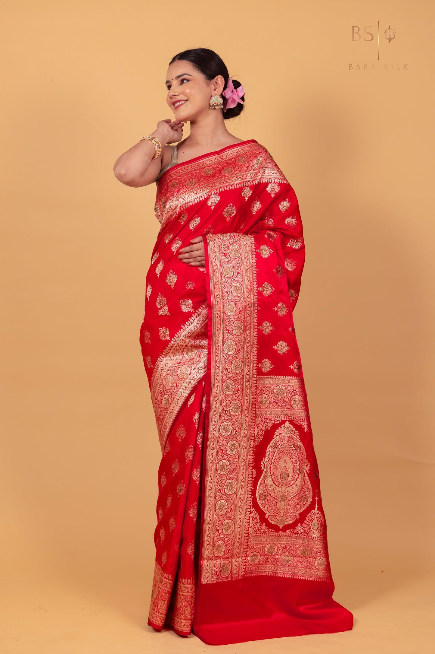 Pink Orange Jaal with swarovski Banarasi Silk Saree